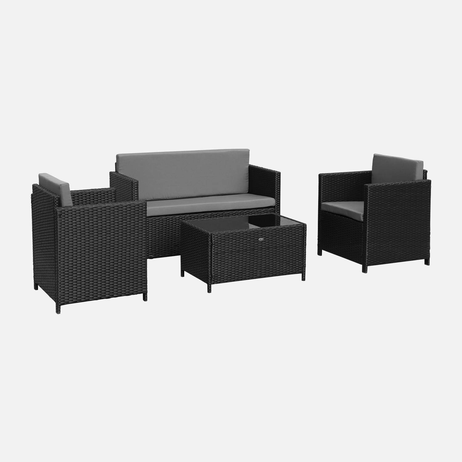 Wicker loungeset - 4 plaatsen - 1 bank, 2 fauteuils, een lage tafel, zwart/grijs Photo2