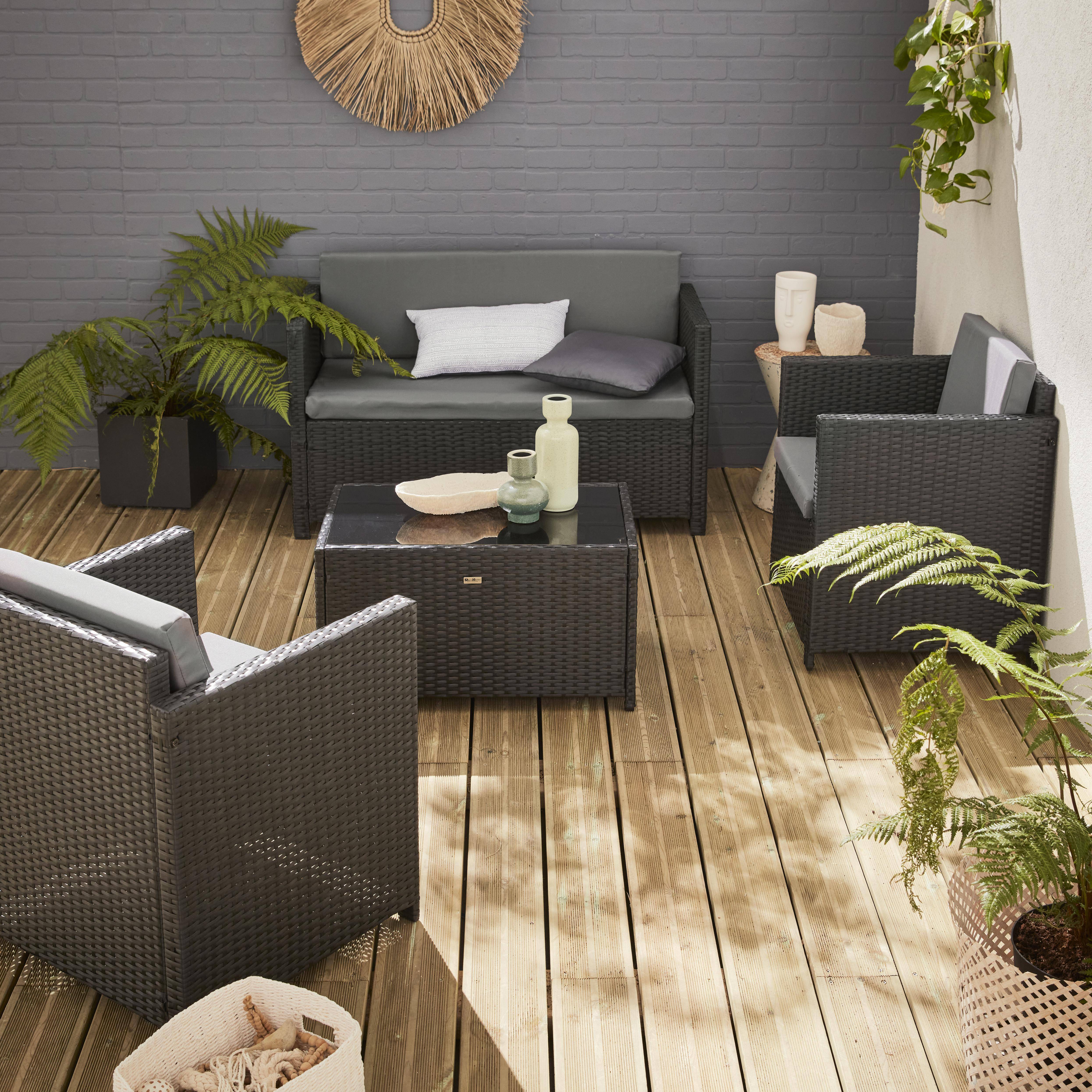 Salotto da giardino in resina intrecciata, colore: Nero - modello: Perugia - Cuscini, colore: grigio - 4 posti - 1 divano, 2 poltrone, un tavolino basso Photo1