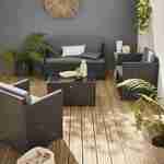 Wicker loungeset - 4 plaatsen - 1 bank, 2 fauteuils, een lage tafel, zwart/grijs Photo1