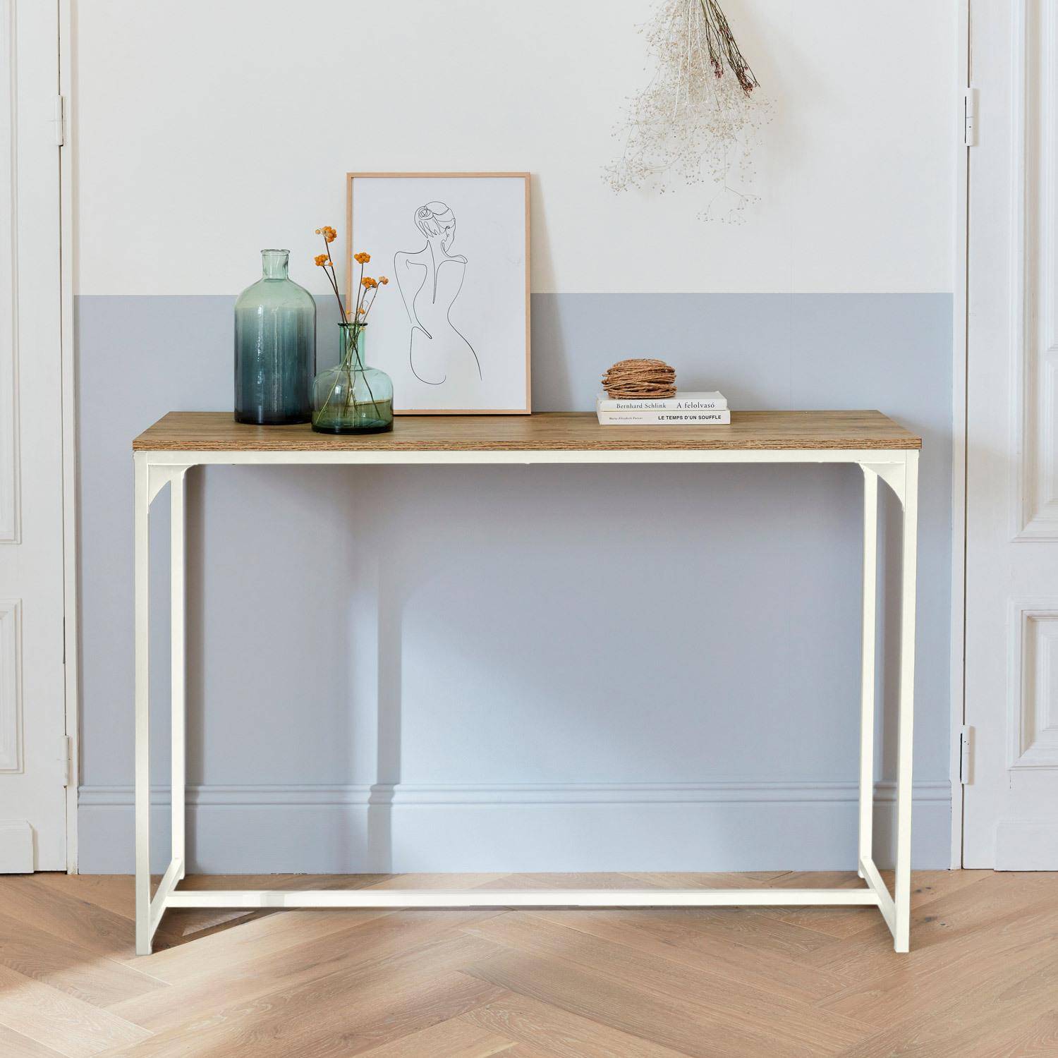 Console en métal blanc mat et décor bois, 120x39x79cm - Loft -  table d'appoint avec 1 barre de renfort  Photo1
