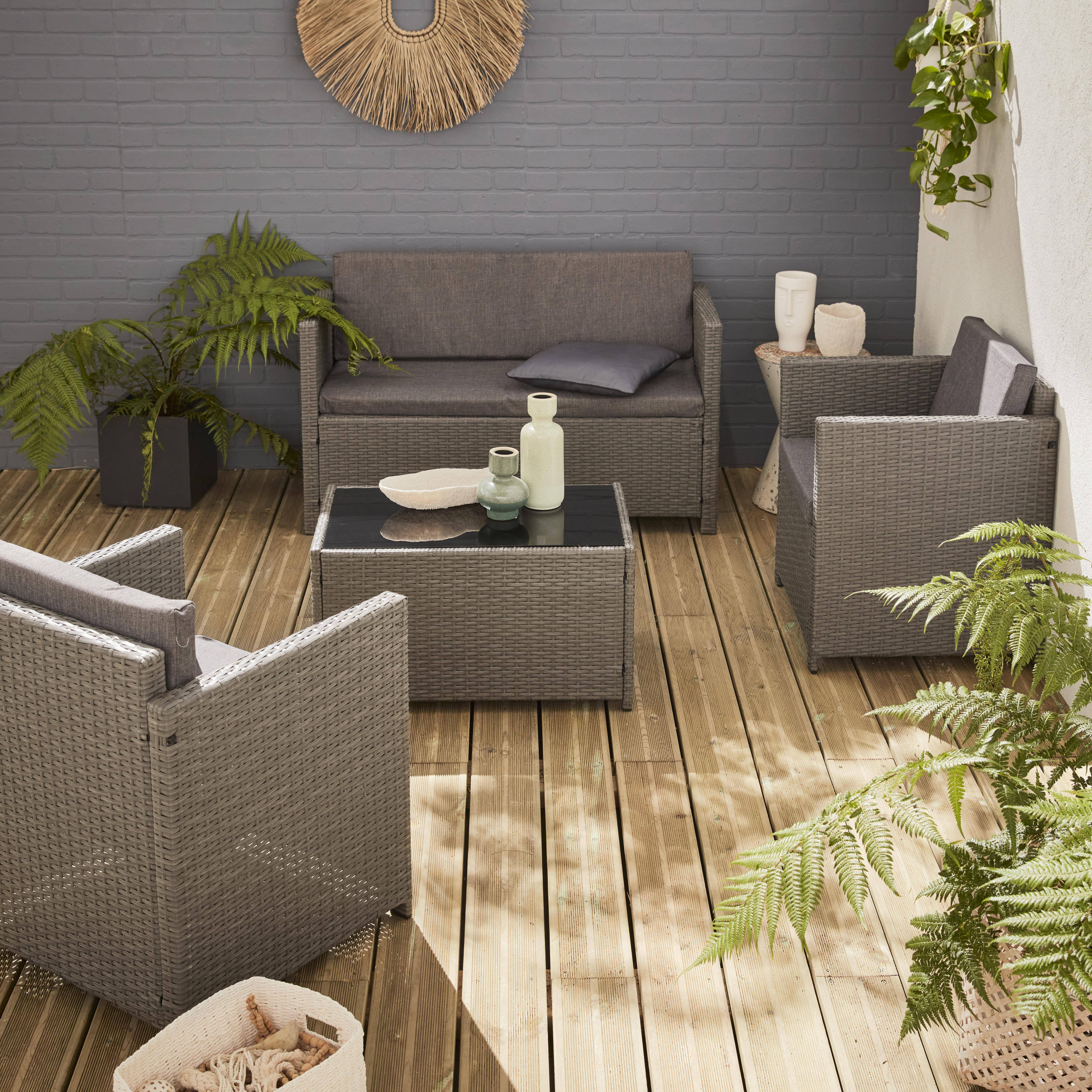Gartengarnitur aus Kunststoffrattan - Perugia - grau, graue Kissen - 4 Plätze - 1 Sofa, 2 Sessel, ein Couchtisch Photo1