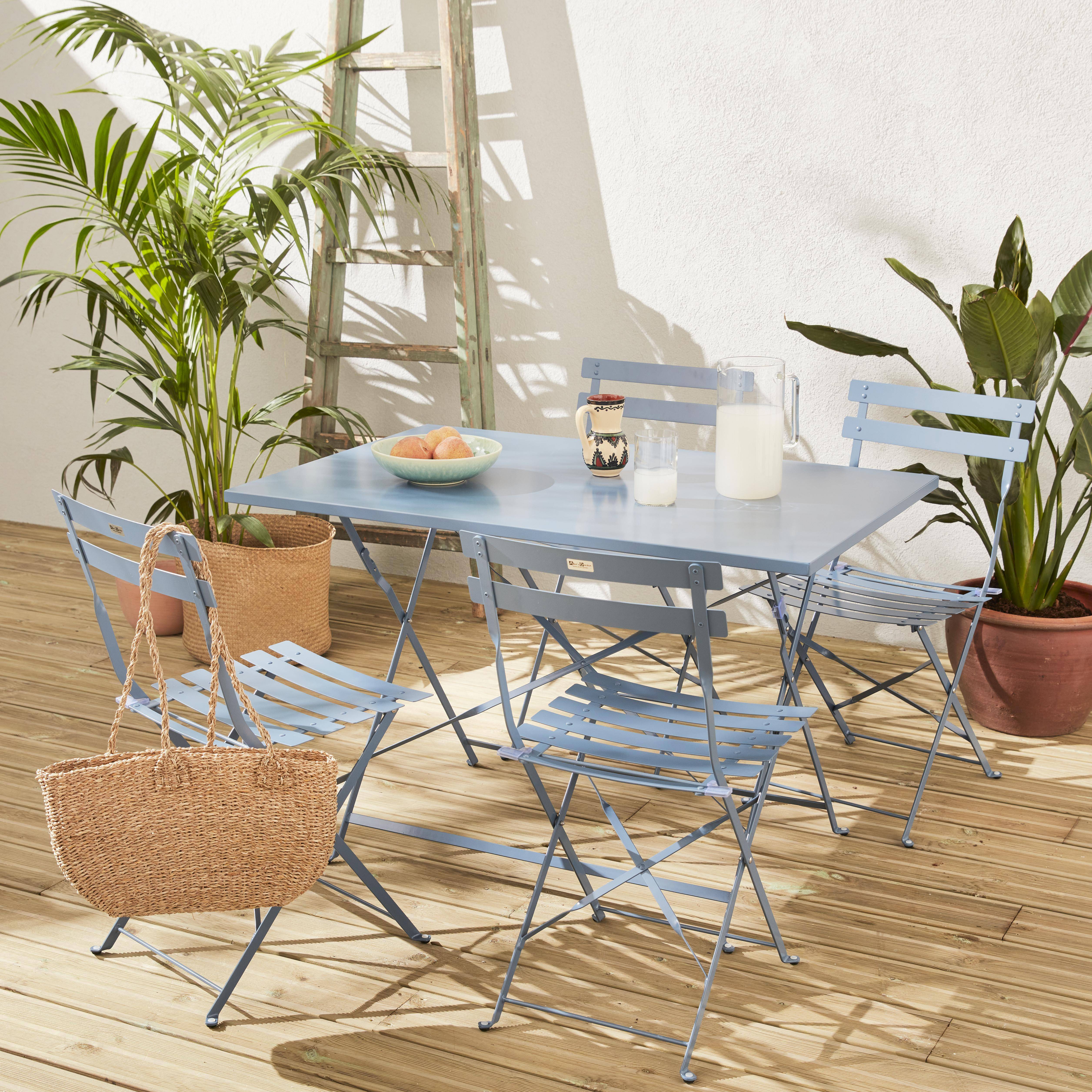 Muebles de jardín bistró plegable Emilia - Rectangular azul gris - Mesa de 110x70cm con cuatro sillas plegables, acero con recubrimiento en polvo Photo1