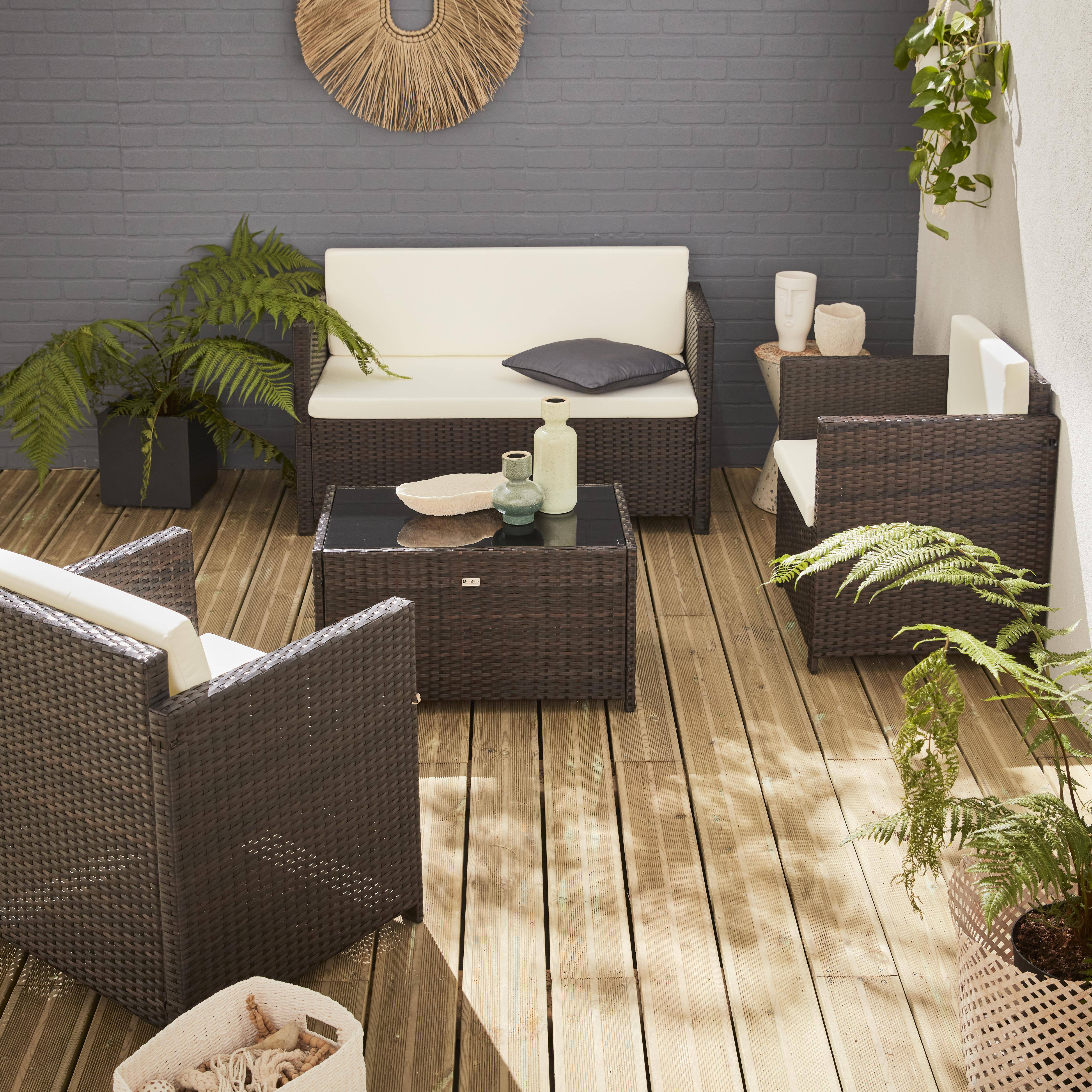 Móveis de jardim, conjunto de sofá ao ar livre, marrom cru, 4 assentos, rattan sintético, resina trançada - Perugia Photo1