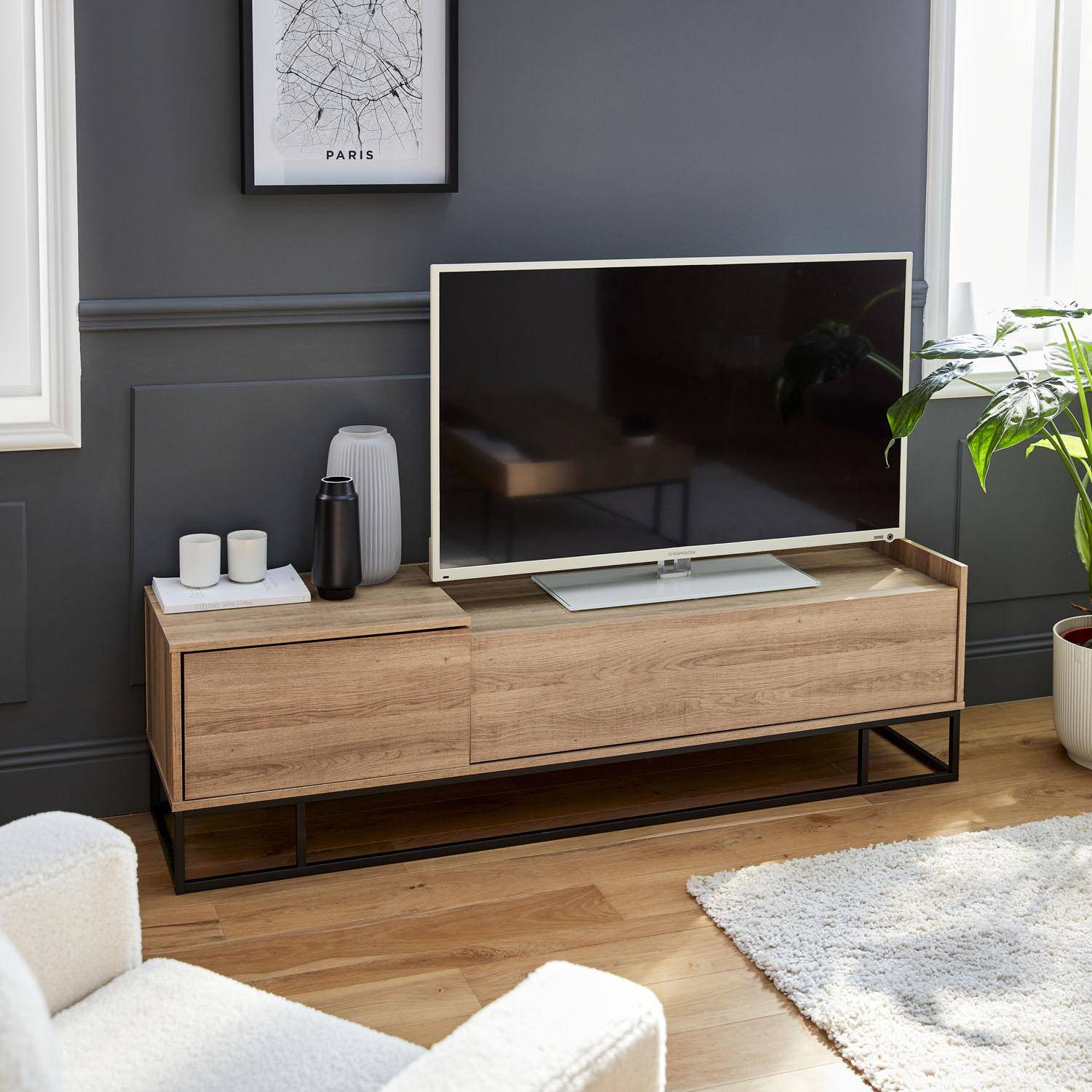 TV meubel met houtlook en metaal 160x39x45cm, 1 lade, 2 compartimenten Photo2