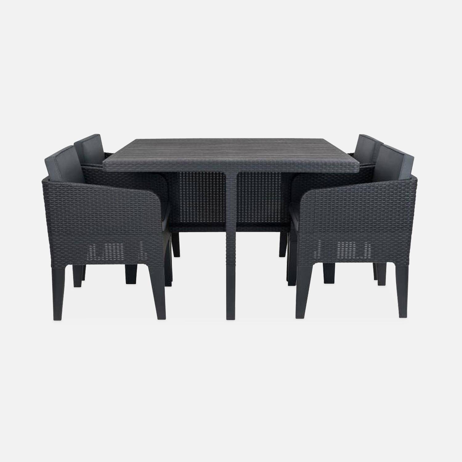 Tuinset van kunsthars, imitatierotan. 4 stoelen, vierkante tafel, inclusief kussens, grafiet met grijze kussens Photo3