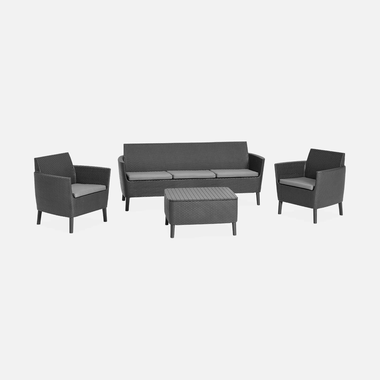 Loungeset van spuitgegoten kunsthars met imitatierotan detail, 5 zitplaatsen, een bank, twee fauteuils, een salontafel - grafiet/grijs  Photo3