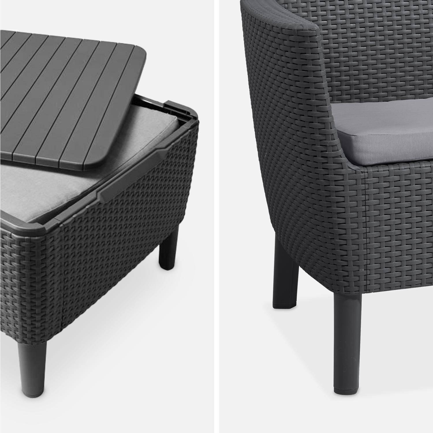 Loungeset van spuitgegoten kunsthars met imitatierotan detail, 4 zitplaatsen, een bank, twee fauteuils, een salontafel - grafiet/grijs  Photo4