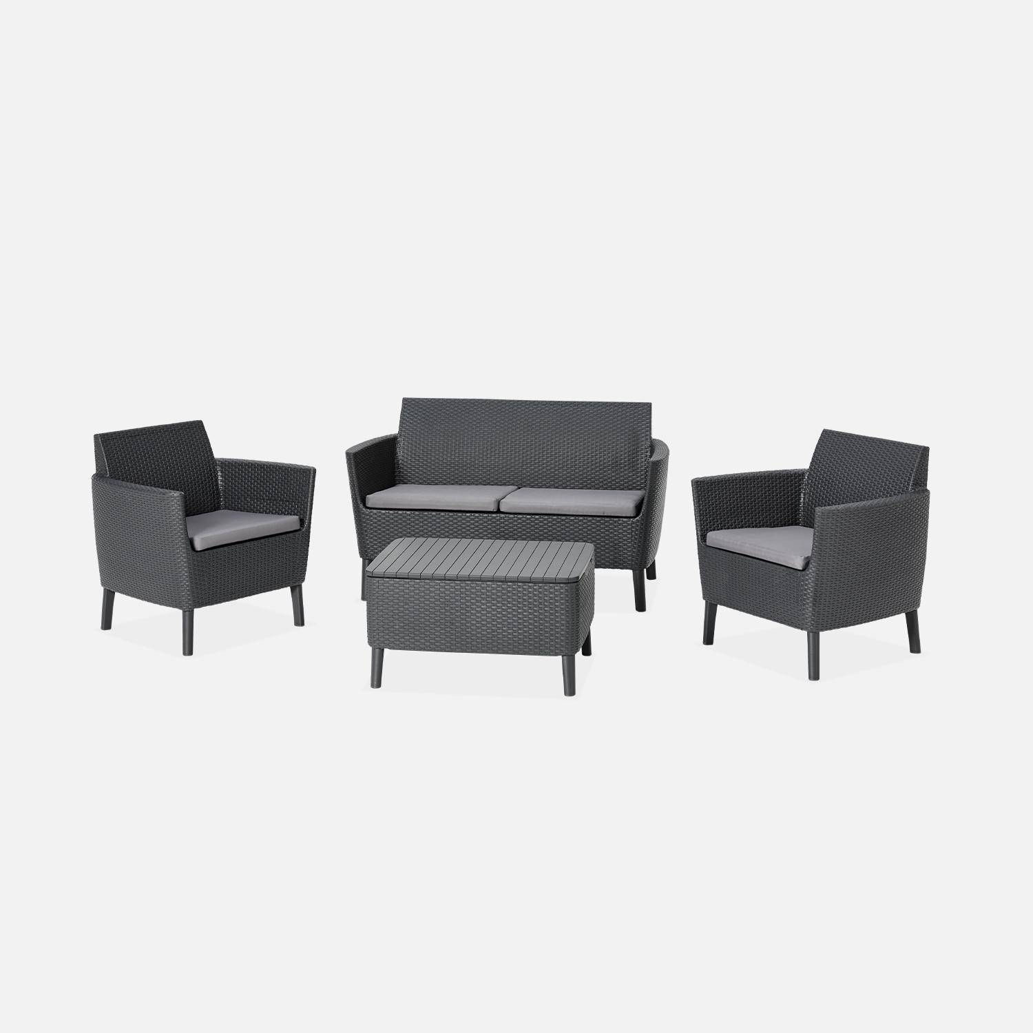 Loungeset van spuitgegoten kunsthars met imitatierotan detail, 4 zitplaatsen, een bank, twee fauteuils, een salontafel - grafiet/grijs  Photo2