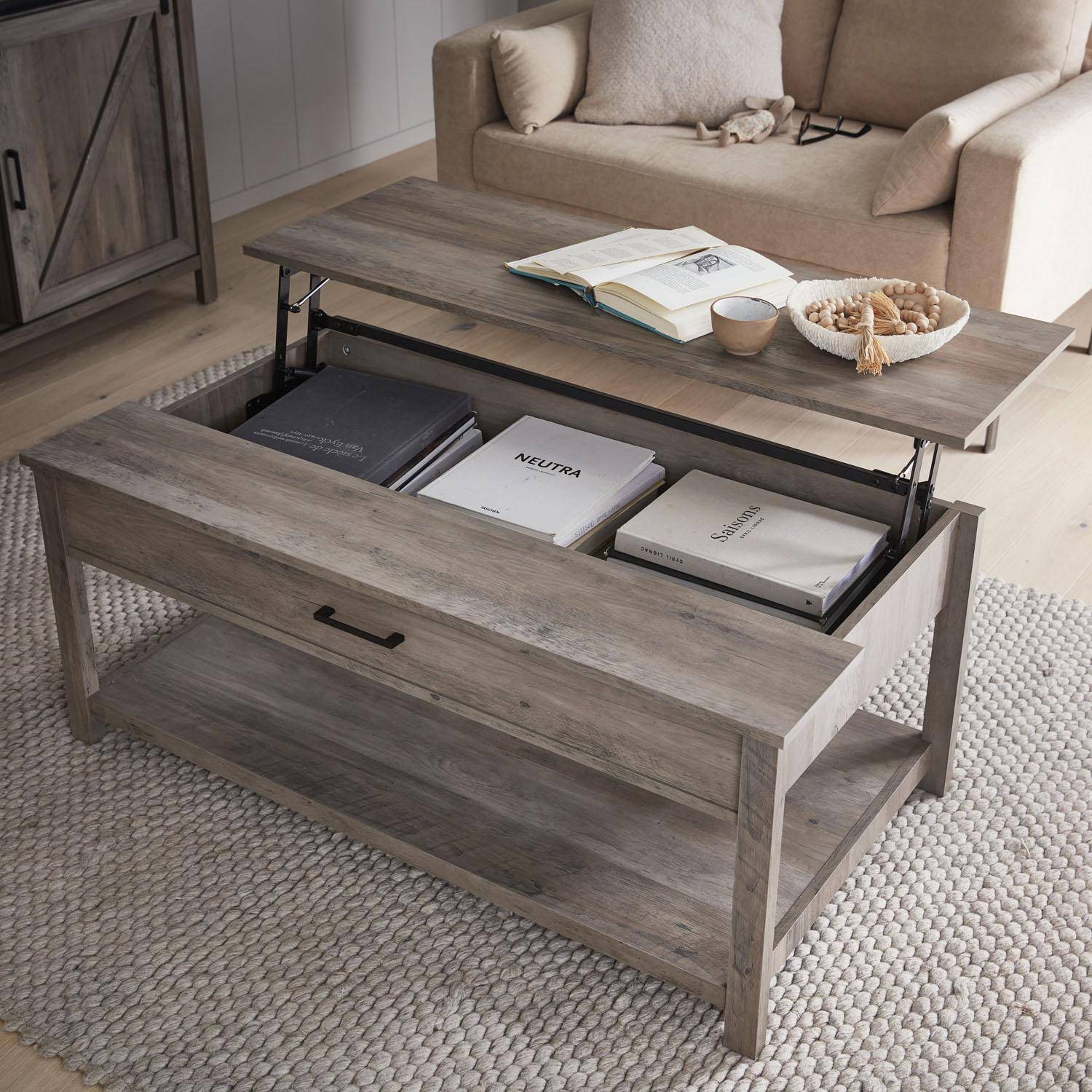 Table basse relevable en décor bois gris 110x59x46.5cm - Galant - 1 espace de rangement  Photo2