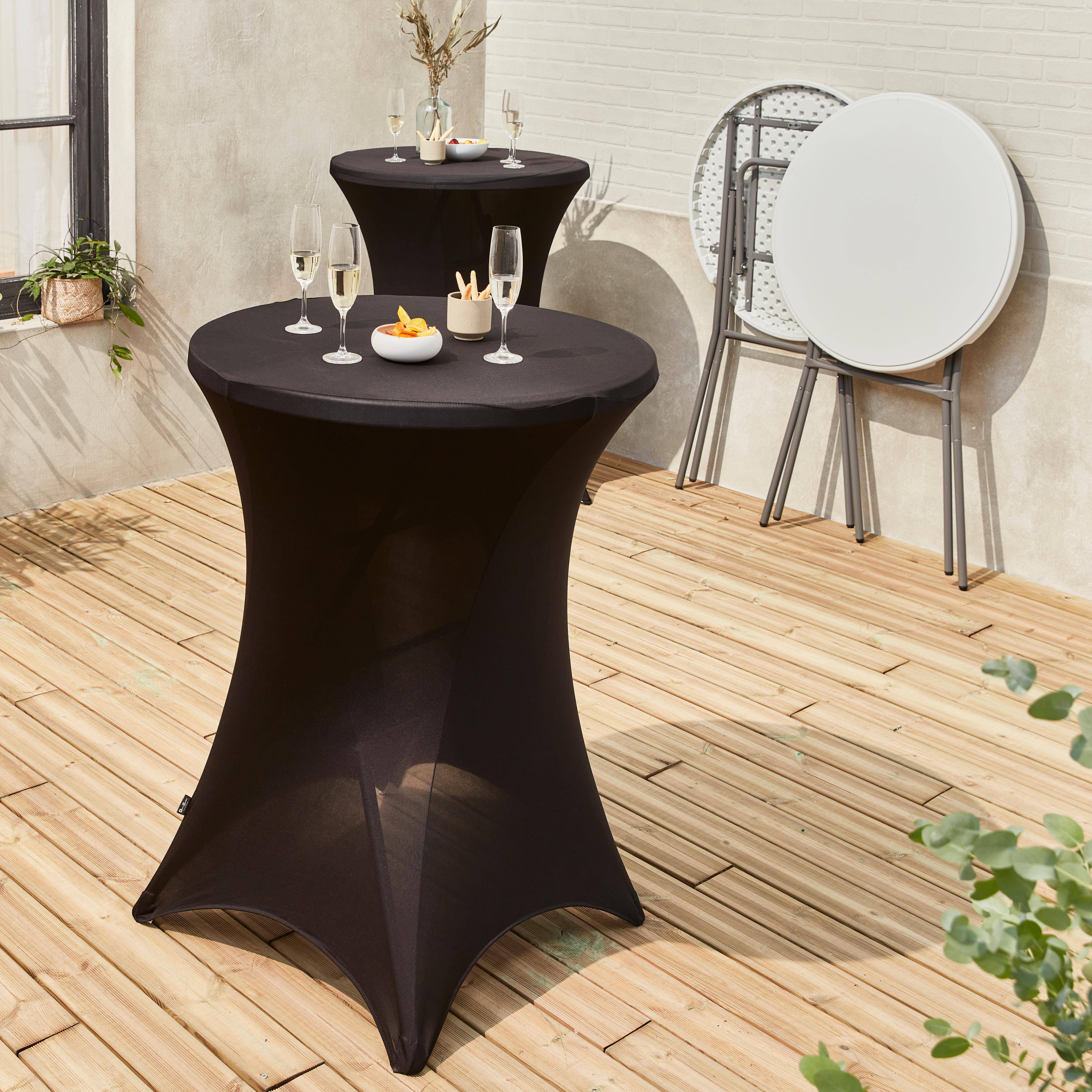 Lot de 2 tables hautes de réception – GALA – Mange debout, pliables, Ø80cm x 110cm +  2 housses en polyester, noires Photo2