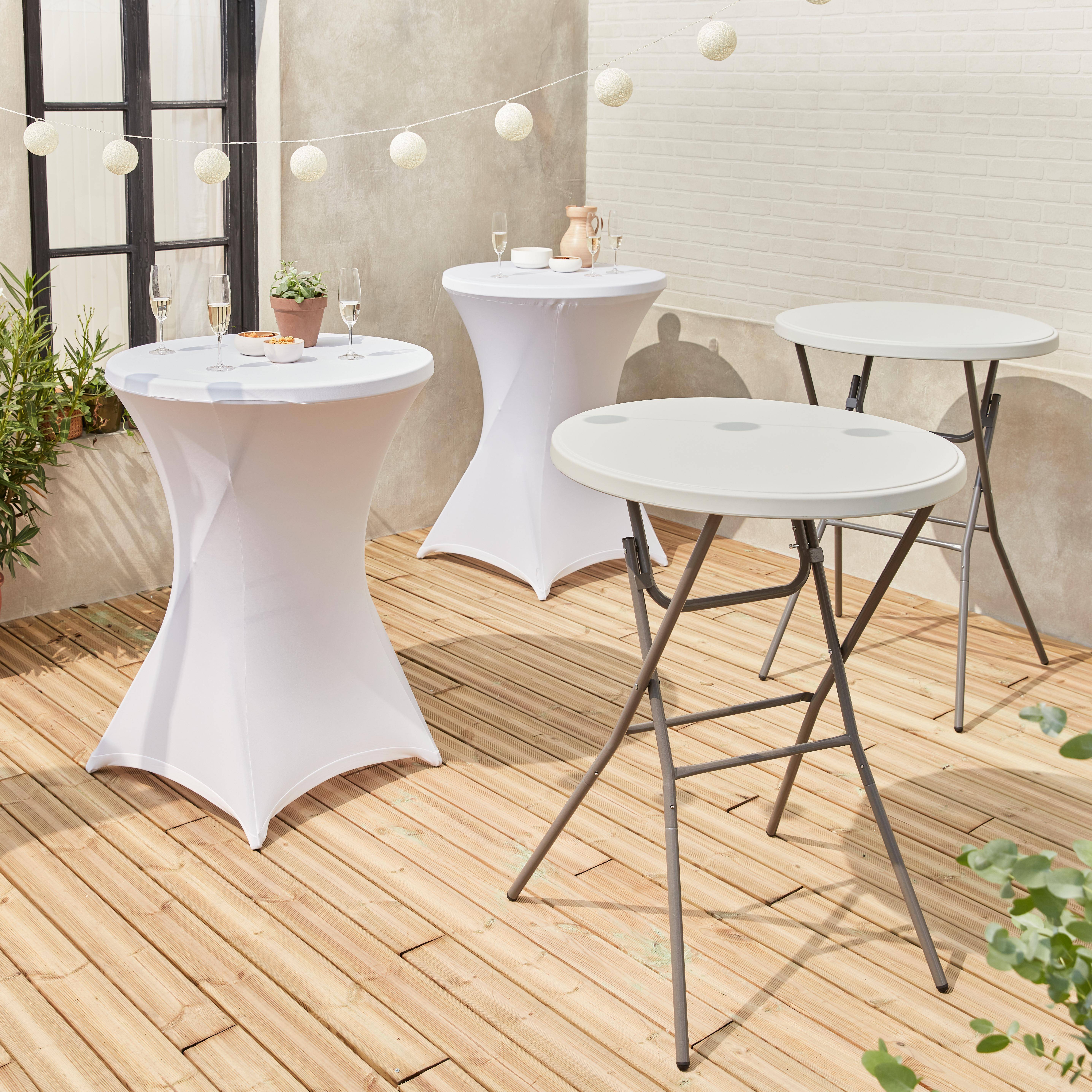 Set van 2 statafels, hoge tafel, opvouwbaar,  Ø80cm x 110cm + 2 polyester statafelhoezen, wit Photo1