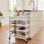 Aparador de cocina blanco, carro con ruedas - Charlotte - 2 cajones, 3 cestas, 2 botelleros, 1 estante Photo1
