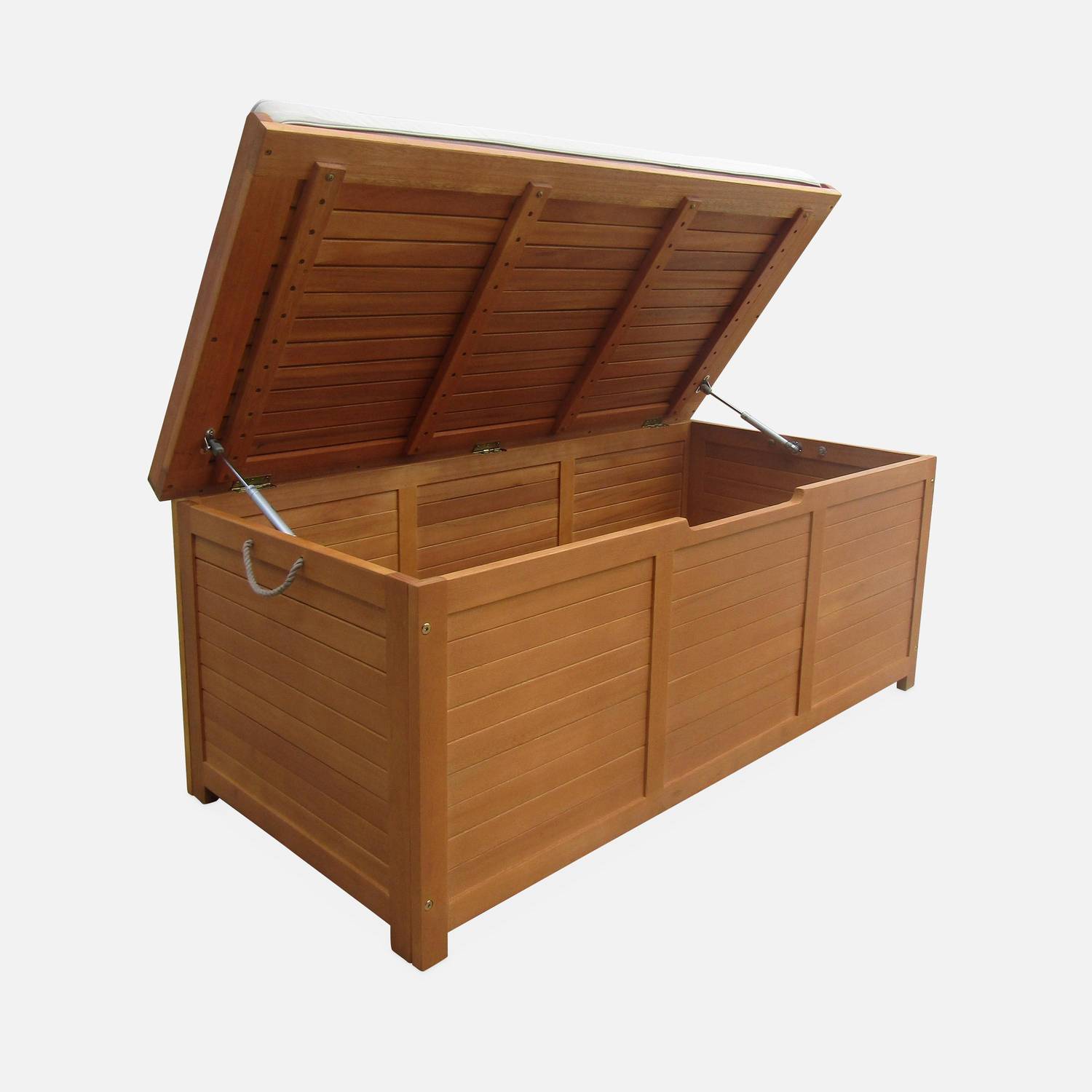 Coffre de jardin 200L en bois - Caja beige - 125x60cm rangement coussins avec 2 vérins et poignées Photo3