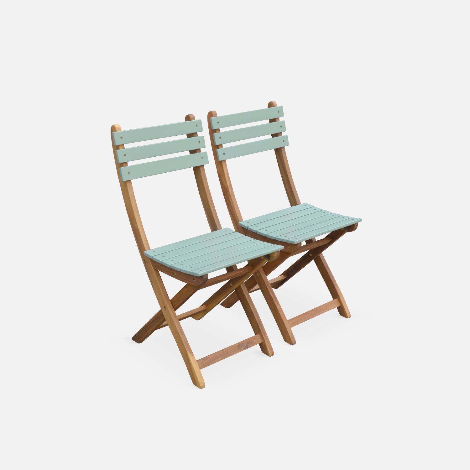 Table de jardin bistrot en bois 60x60cm - Barcelona Bois / Vert de gris -  pliante bicolore carrée en acacia avec 2 chaises pliables Photo2