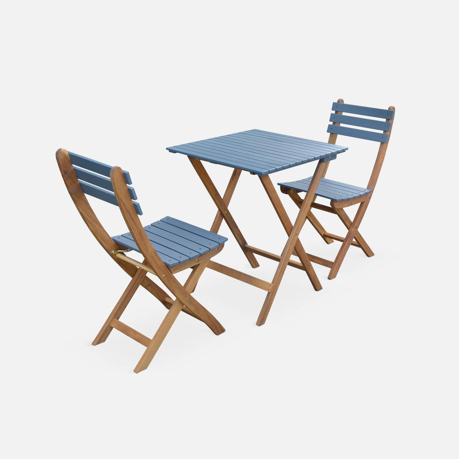 Conjunto de jardín de madera Bistro 60x60cm - Barcelona - azul grisáceo, mesa plegable cuadrada bicolor con 2 sillas plegables, acacia Photo4