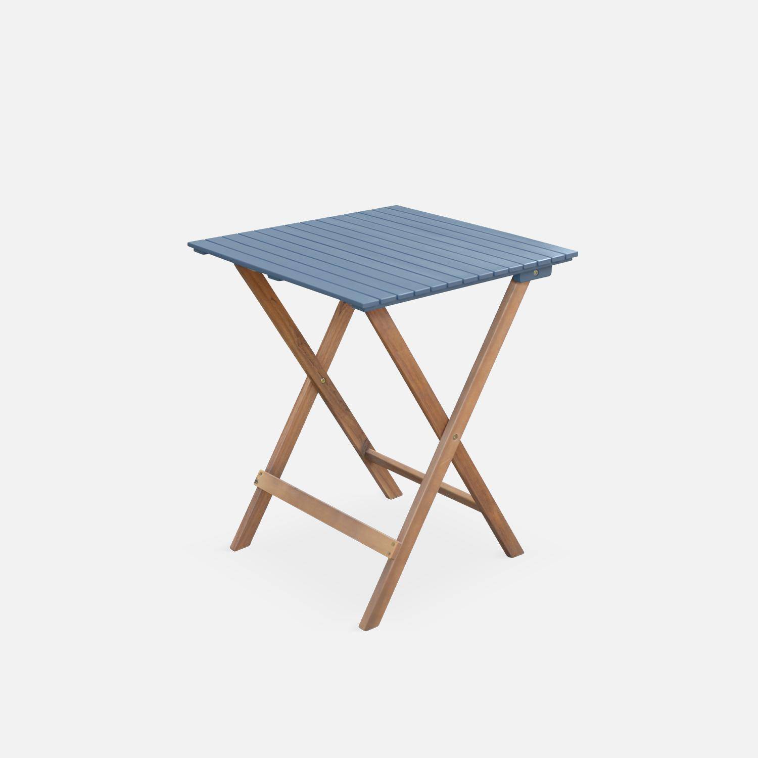 Table de jardin bistrot en bois 60x60cm - Barcelona Bois / Bleu -  pliante bicolore carrée en acacia avec 2 chaises pliables Photo6