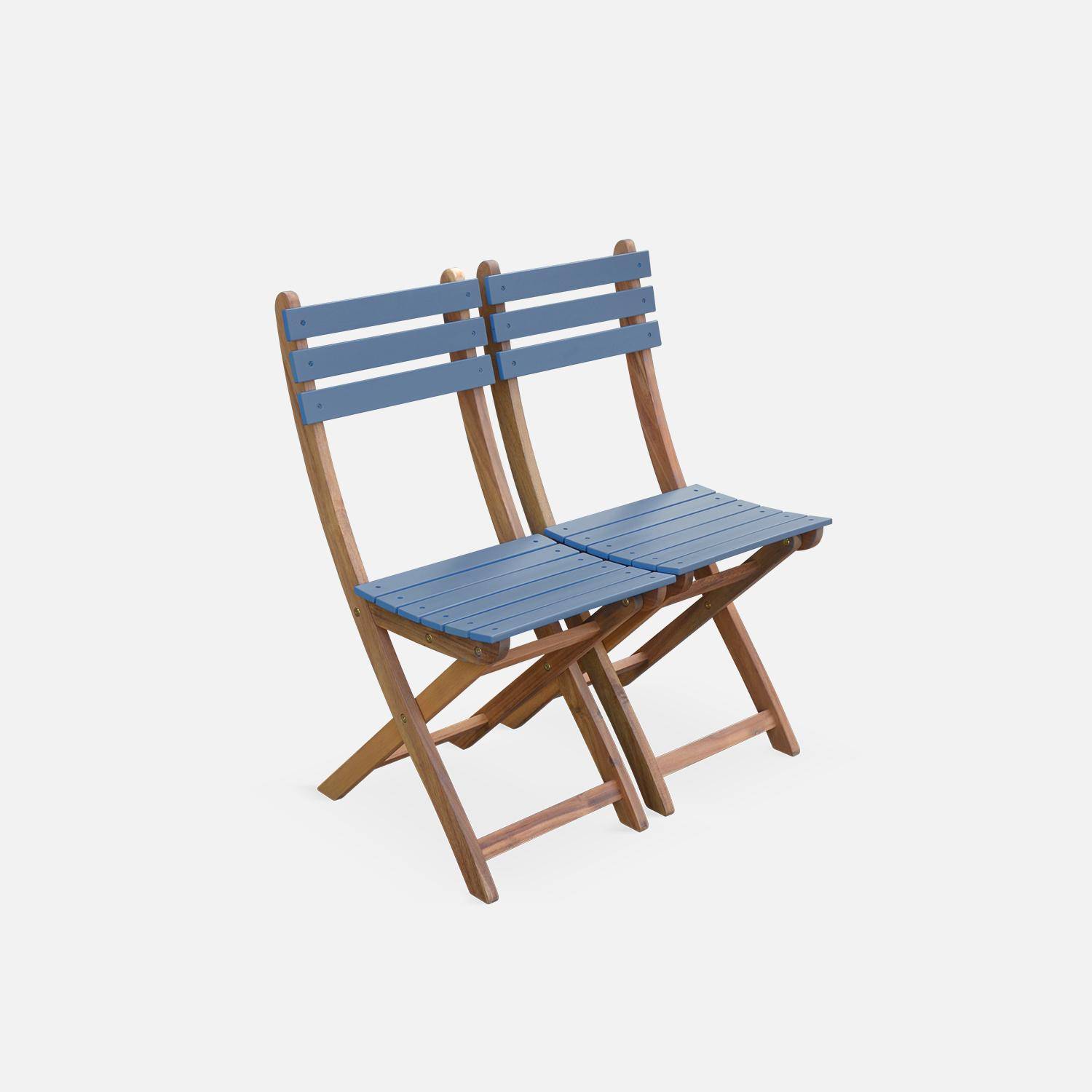Table de jardin bistrot en bois 60x60cm - Barcelona bleu grisé - pliante bicolore carrée acacia avec 2 chaises pliables Photo5