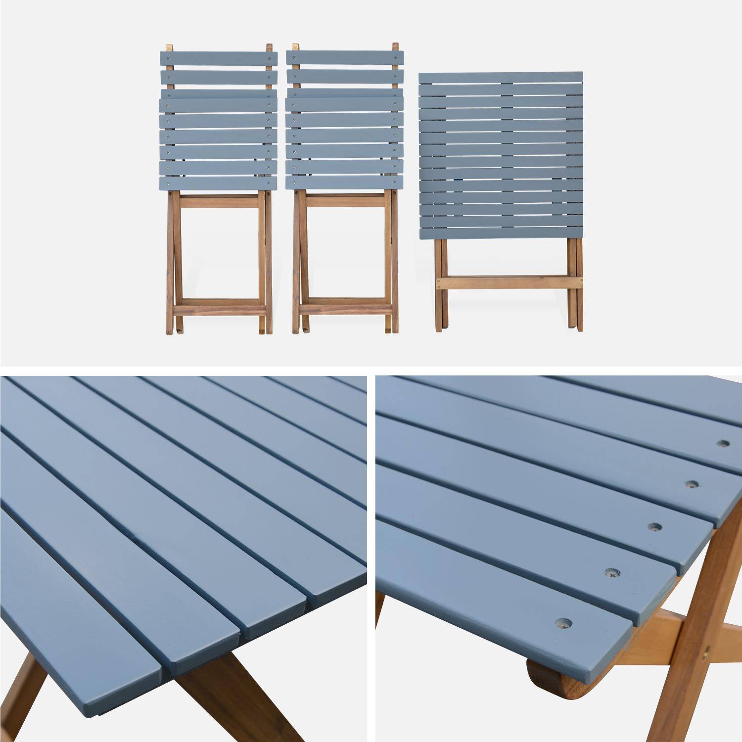 Conjunto de jardín de madera Bistro 60x60cm - Barcelona - azul grisáceo, mesa plegable cuadrada bicolor con 2 sillas plegables, acacia Photo7