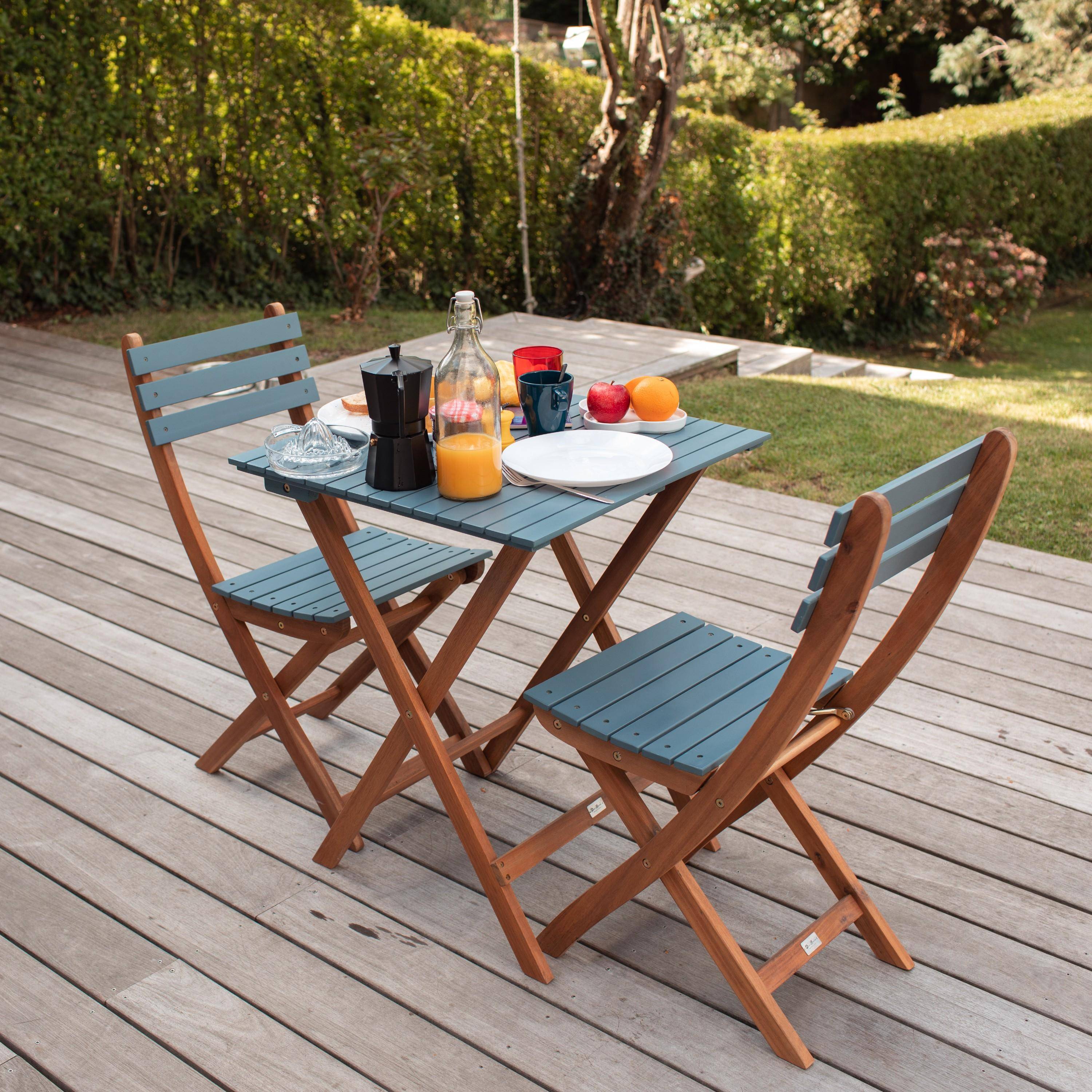 Table de jardin bistrot en bois 60x60cm - Barcelona Bois / Bleu -  pliante bicolore carrée en acacia avec 2 chaises pliables Photo2
