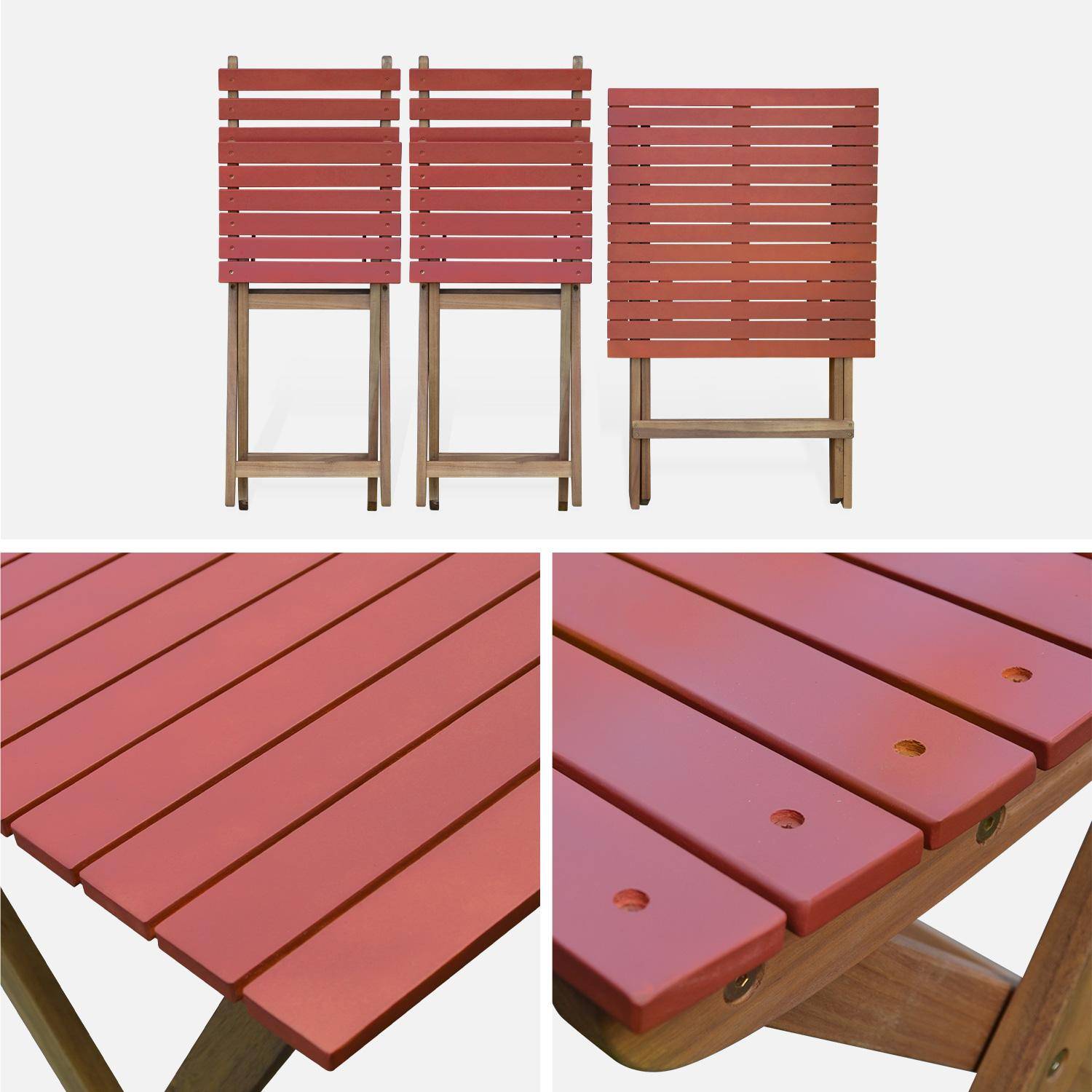 Table de jardin bistrot en bois 60x60cm - Barcelona Bois / Terracotta -  pliante bicolore carrée en acacia avec 2 chaises pliables Photo4