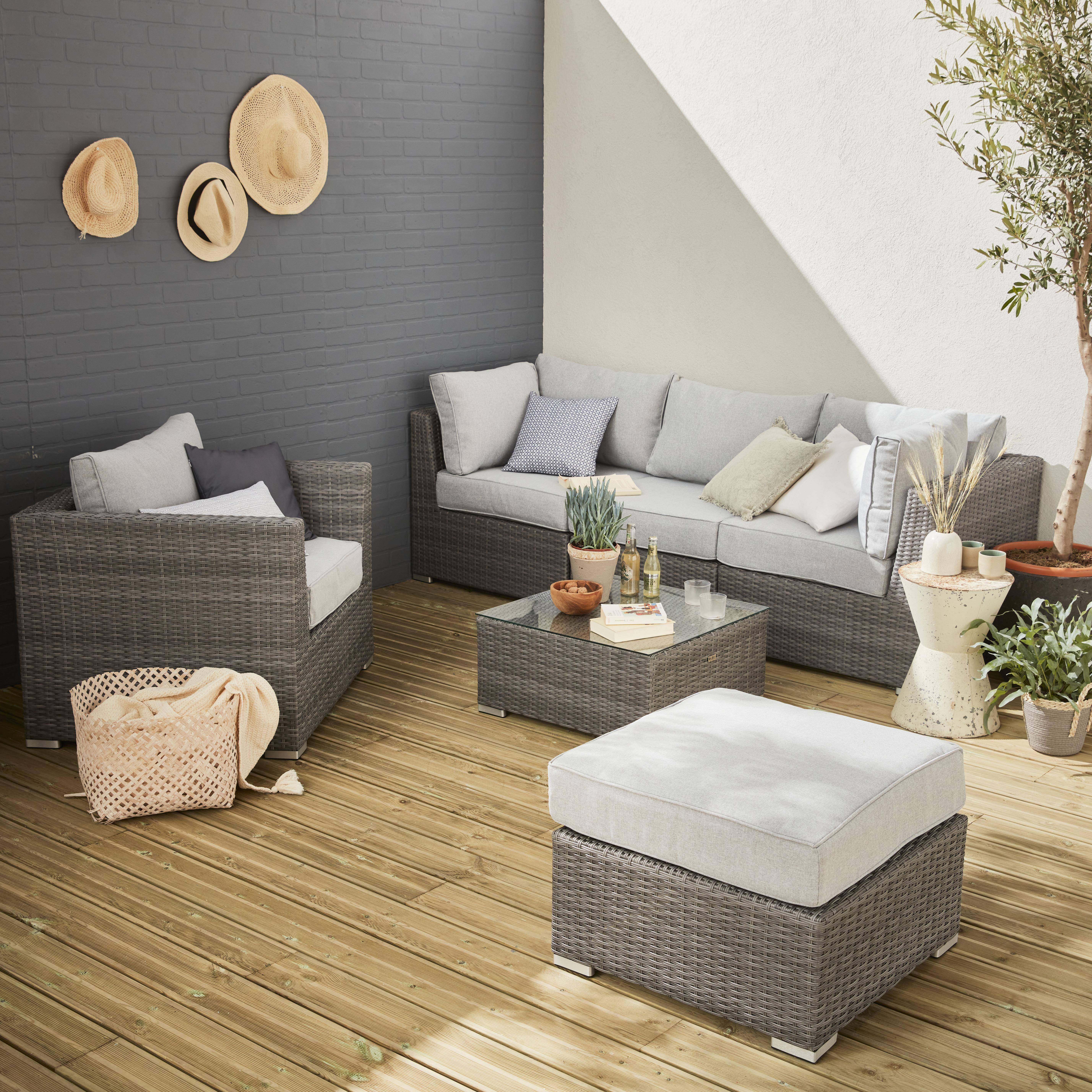 Móveis de jardim redondos de resina curva - Cinzento, almofadas cinzentas claras - 5 lugares, ajustáveis, ultra confortáveis - VINCI Photo1