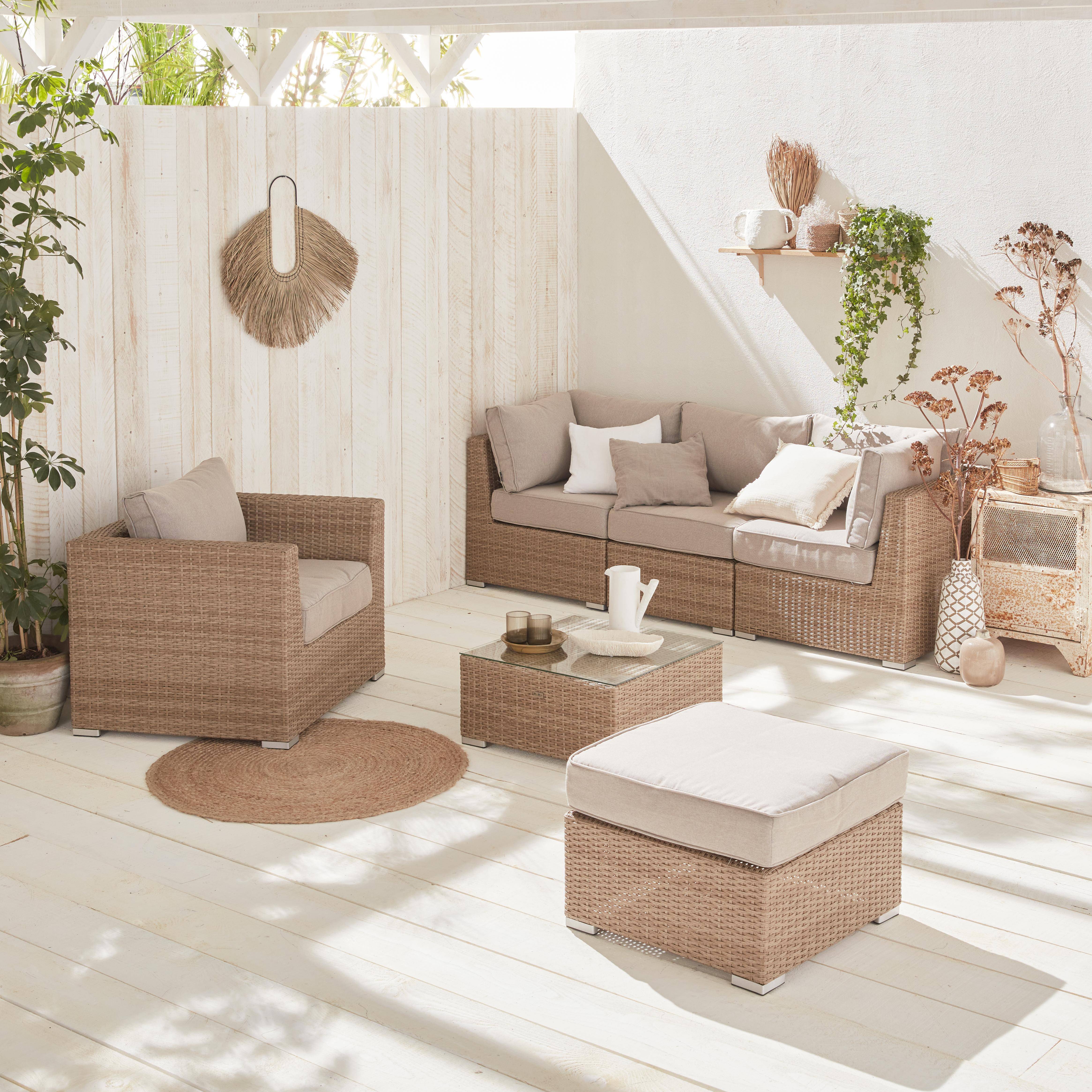 Móveis de jardim de resina trançada arredondada - Almofadas naturais, bege - 5 lugares, ajustável, ultra confortável - VINCI Photo1