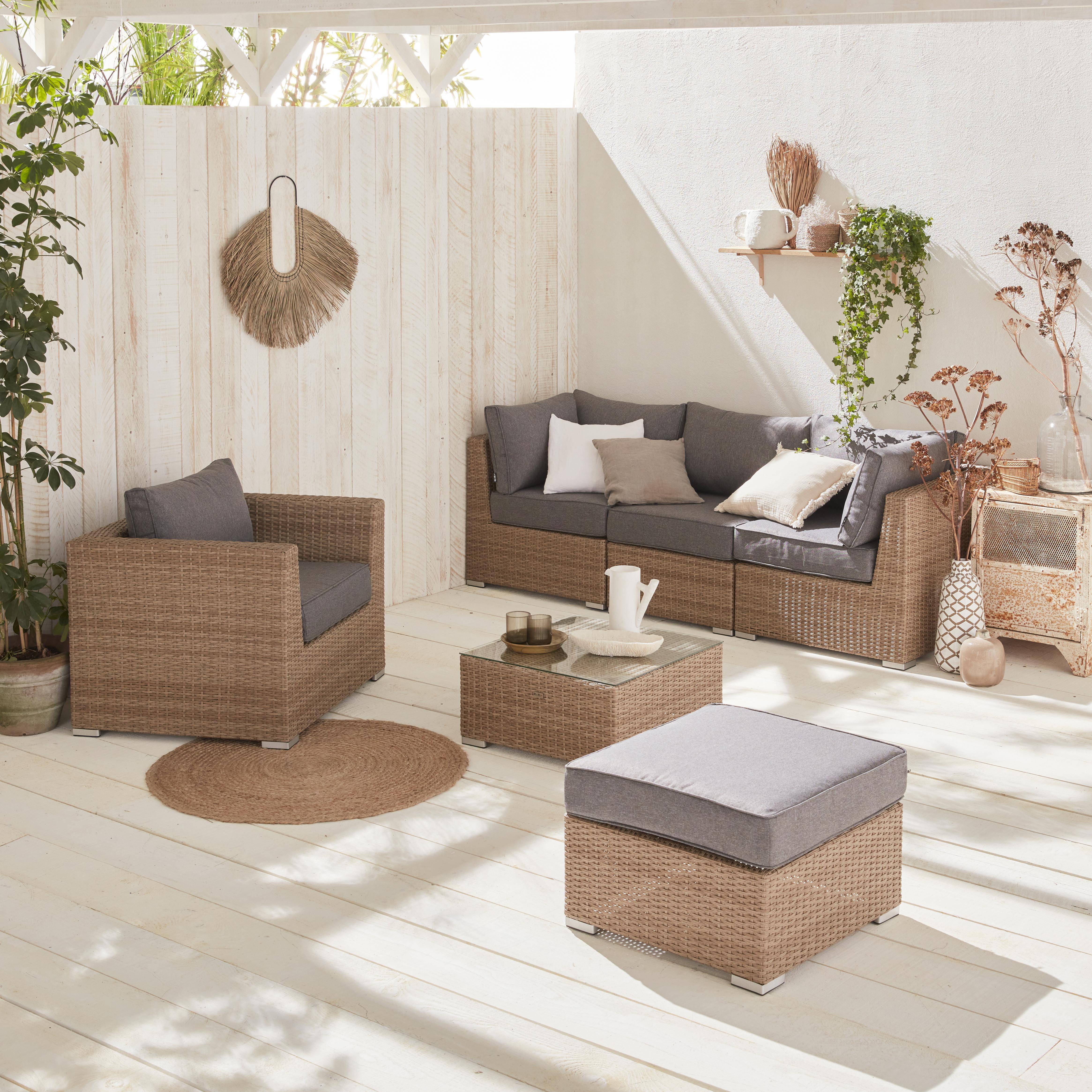 Premium loungeset rond gevlochten wicker – VINCI – Naturel, grijze kussens, 5 plaatsen, high-end Photo1