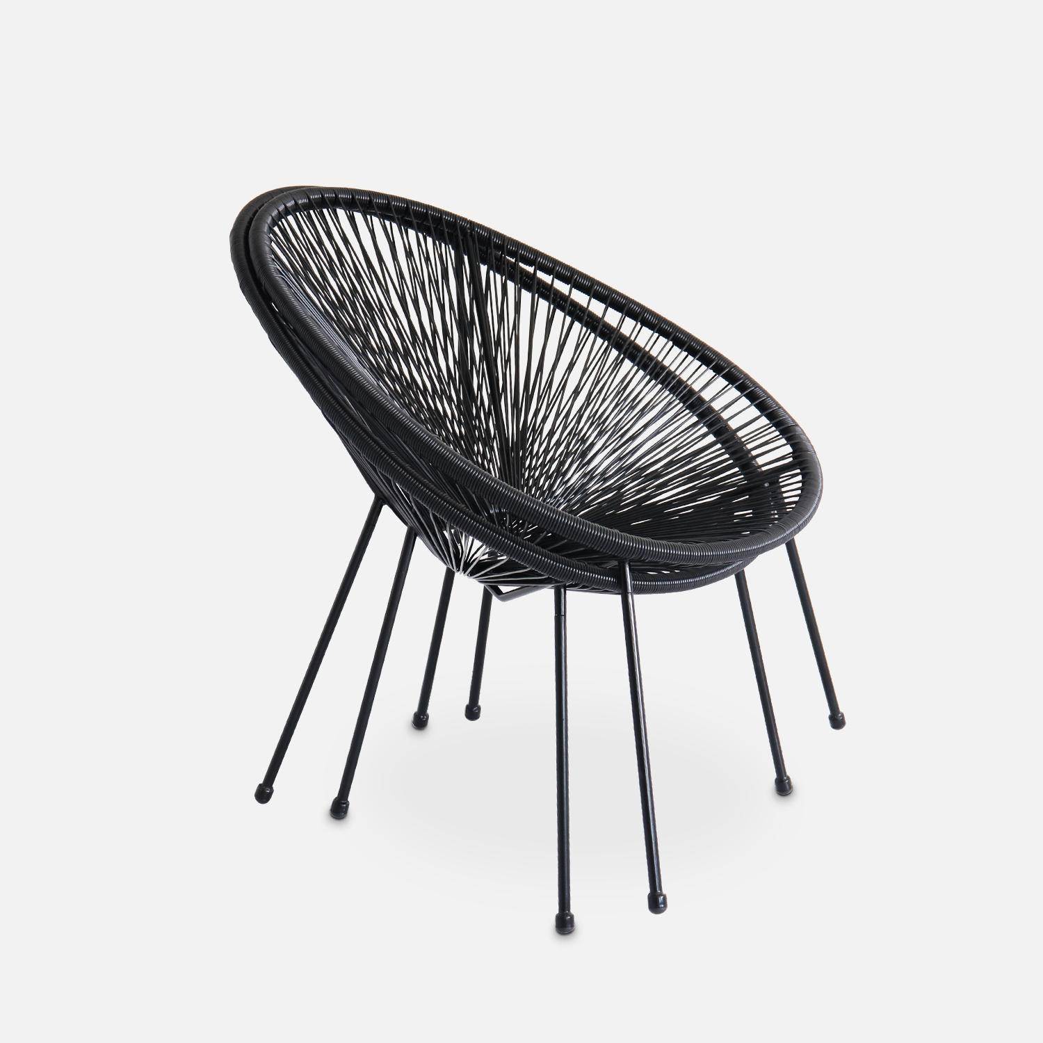 Lot de 2 fauteuils ACAPULCO forme d'oeuf avec table d'appoint - Noir - Fauteuils 4 pieds design rétro, avec table basse, cordage plastique, intérieur / extérieur Photo6