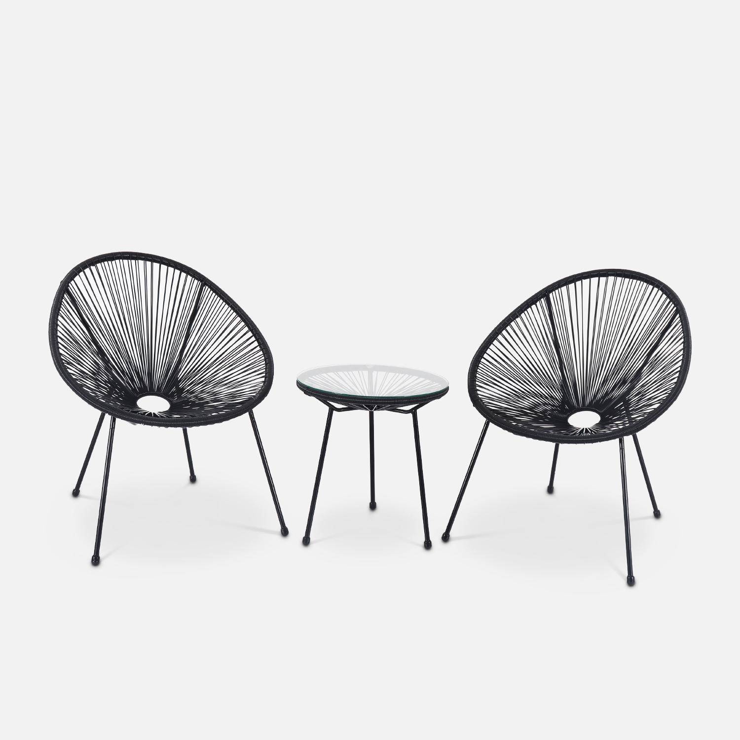 Set mit 2 eiförmigen ACAPULCO-Sesseln mit Beistelltisch - Schwarz - 4-beinige Sessel im Retro-Design, mit Couchtisch, Kunststoffschnur, innen / außen Photo2