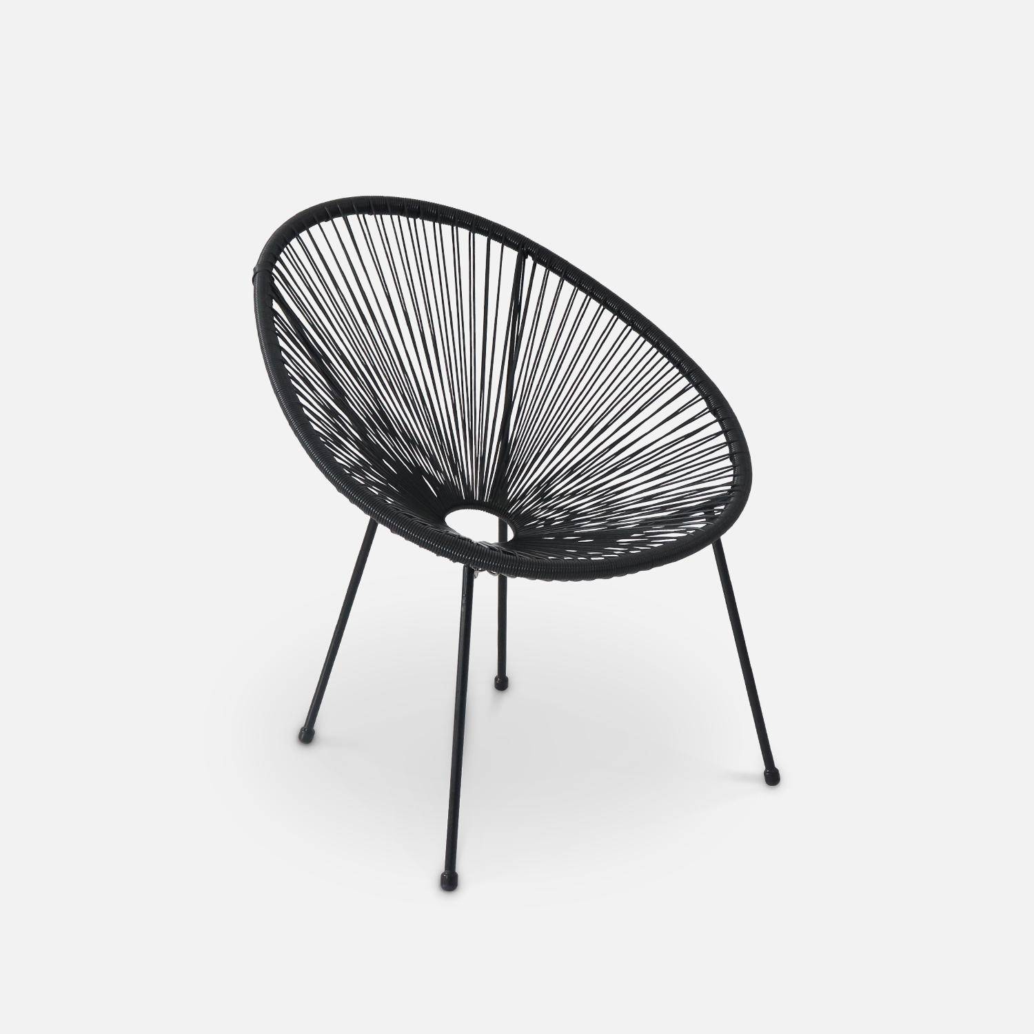 Lot de 2 fauteuils ACAPULCO forme d'oeuf avec table d'appoint - Noir - Fauteuils 4 pieds design rétro, avec table basse, cordage plastique, intérieur / extérieur Photo3