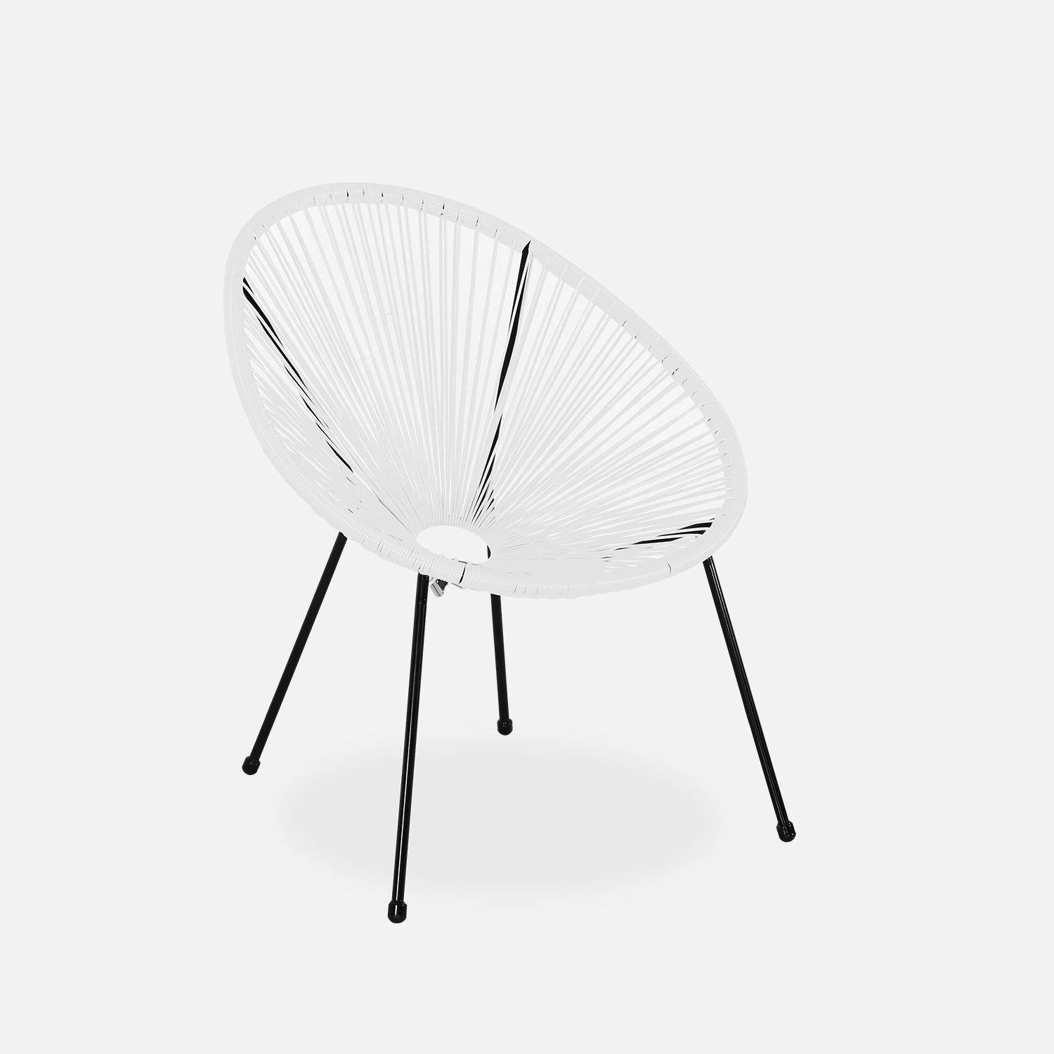 Lot de 2 fauteuils ACAPULCO forme d'oeuf avec table d'appoint - Blanc - Fauteuils 4 pieds design rétro, avec table basse, cordage plastique, intérieur / extérieur Photo3