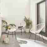 Lot de 2 fauteuils ACAPULCO forme d'oeuf avec table d'appoint - Blanc - Fauteuils 4 pieds design rétro, avec table basse, cordage plastique, intérieur / extérieur Photo1