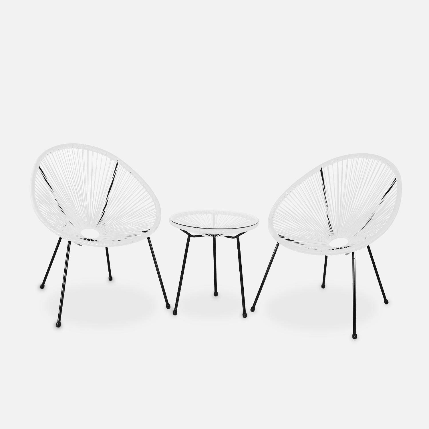 Set mit 2 eiförmigen ACAPULCO-Sesseln mit Beistelltisch - Weiß - 4-beinige Sessel im Retro-Design, mit Couchtisch, Kunststoffschnur, innen / außen Photo2