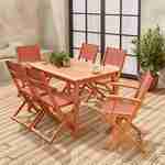 Salon de jardin en bois extensible - Almeria - Table 120/180cm avec rallonge, 2 fauteuils et 4 chaises, en bois d'Eucalyptus FSC huilé et textilène terra cotta Photo2