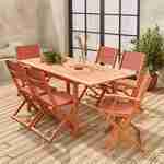 Ausziehbare Gartenmöbel aus Holz - Almeria - Tisch 120/180 cm mit Verlängerung, 2 Sesseln und 4 Stühlen aus geöltem FSC-Eukalyptusholz und terrakottafarbenem Textilene Photo1