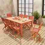 Salon de jardin en bois extensible - Almeria - table 180/240cm avec rallonge, 2 fauteuils et 6 chaises, en bois d'Eucalyptus FSC huilé et textilène terra cotta Photo2