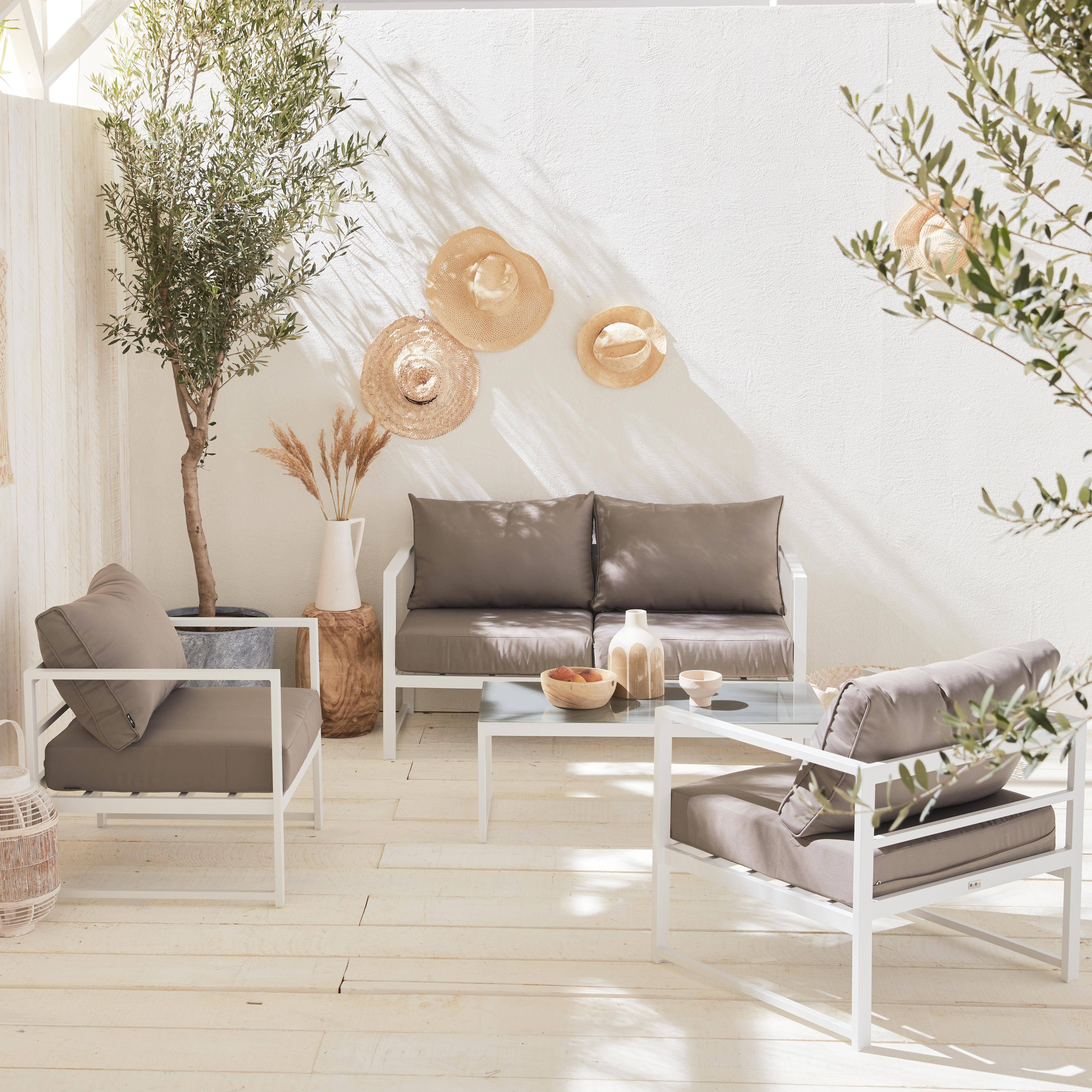 Salon de jardin 4 places - BALEA Blanc et Taupe - 4 éléments en aluminium, coussins épais, design Photo1