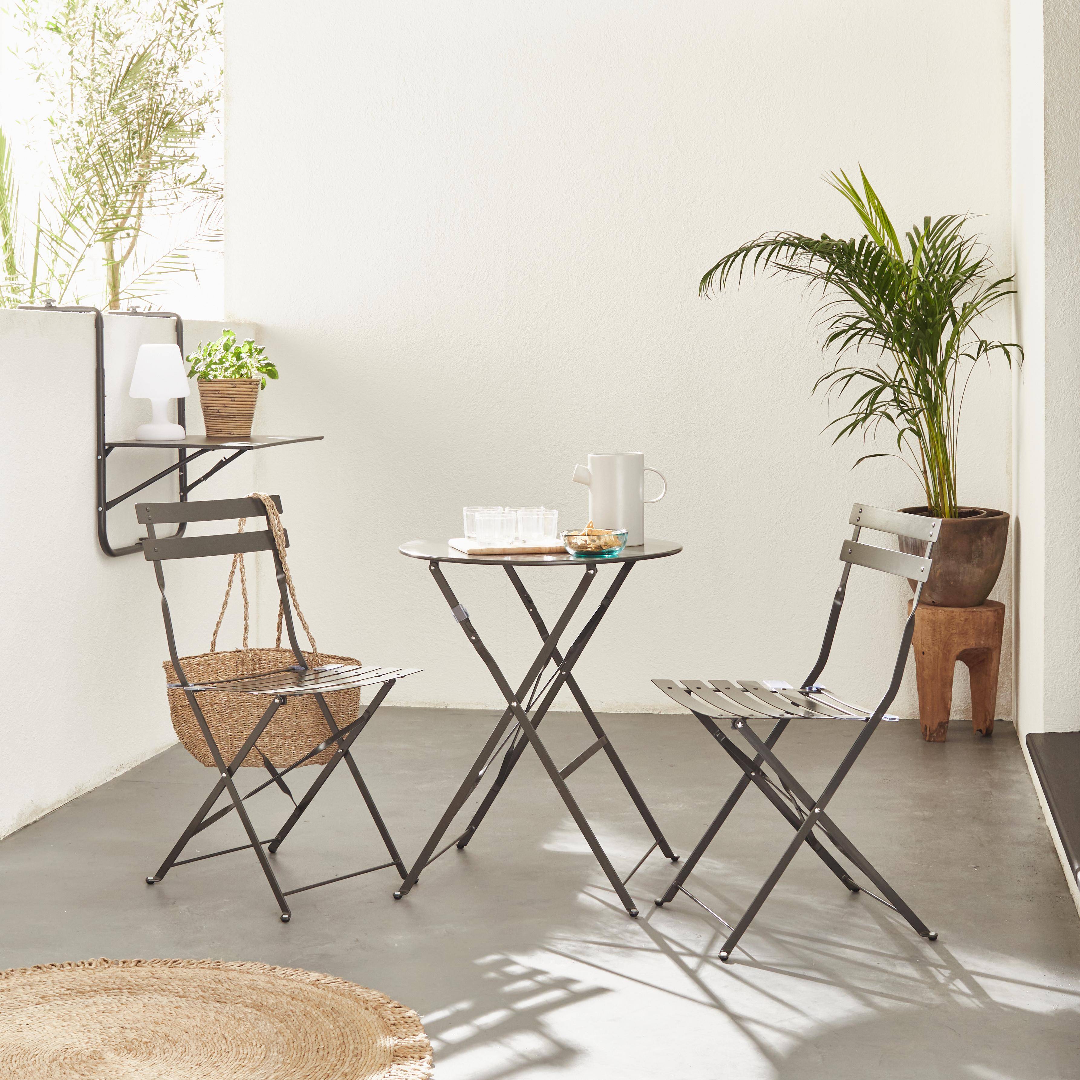 Mobiliario de jardín plegable para bistró - Emilia redondo gris antracita - Mesa de Ø60 cm con dos sillas plegables, acero pintado en polvo Photo1