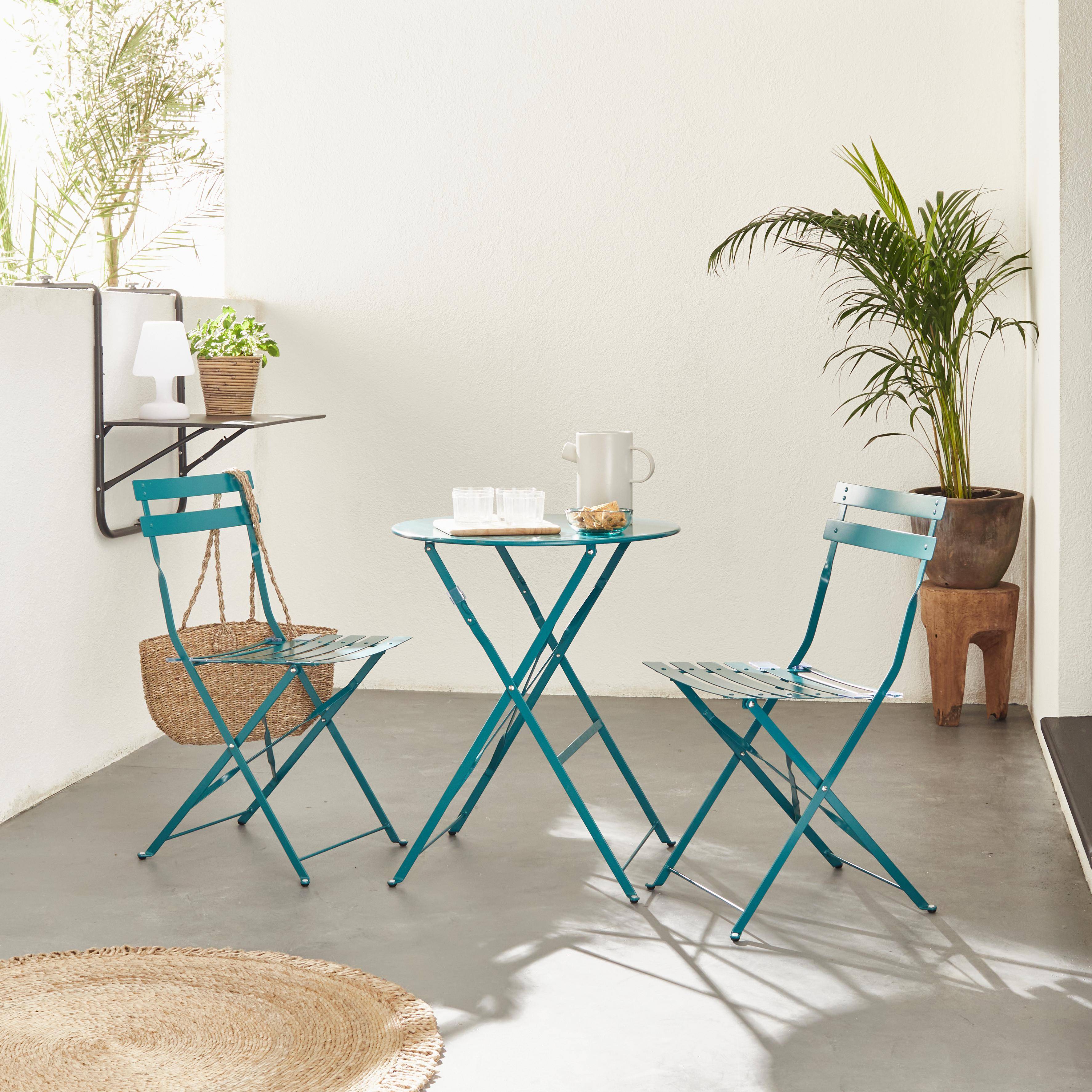 Mobiliario de jardín plegable para bistró - Emilia azul pato redonda - Mesa redonda de Ø60cm con dos sillas plegables, acero pintado en polvo Photo1