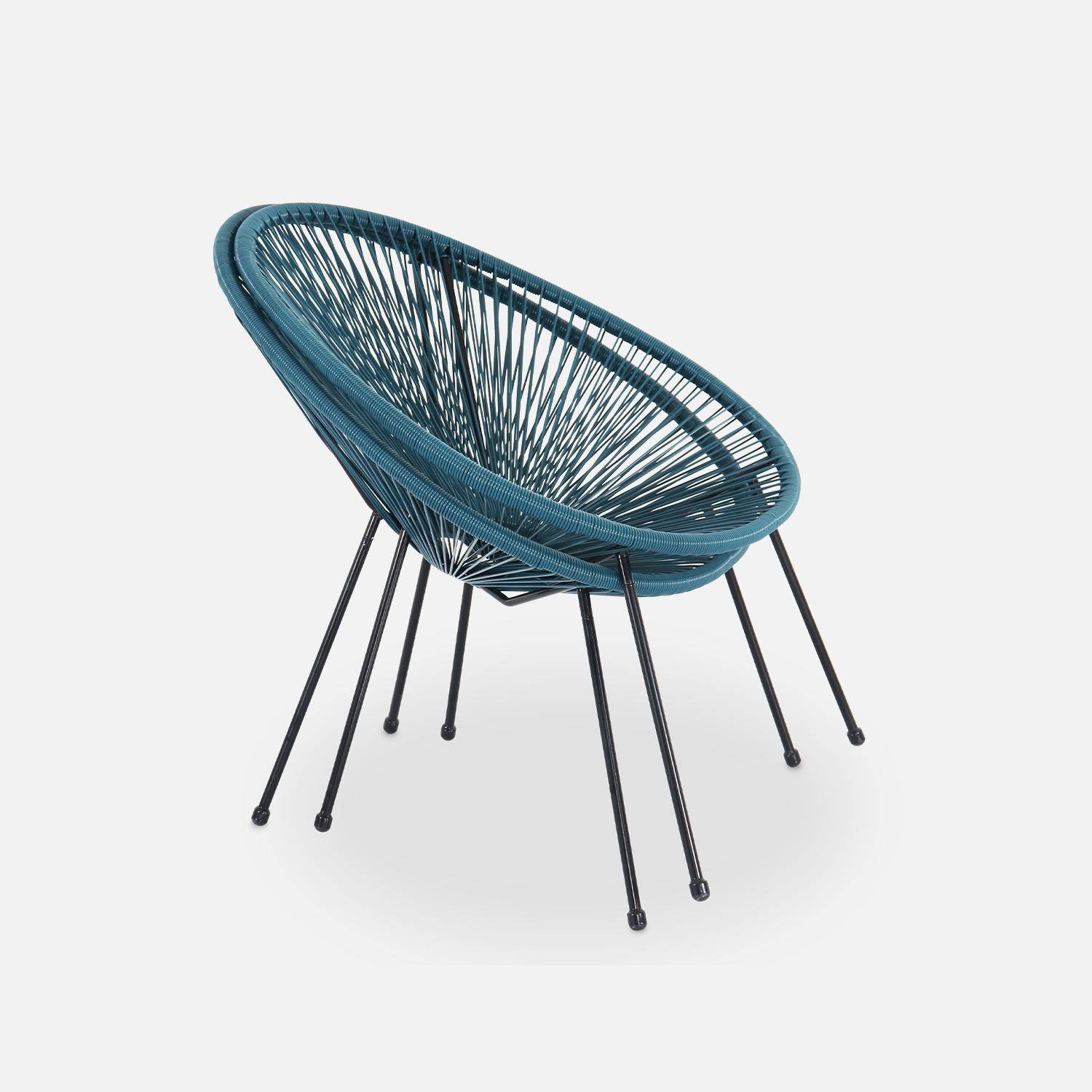 Set van 2 ei-vormige stoelen ACAPULCO met bijzettafel - Donker Turquoise- Stoelen 4 poten design retro, met lage tafel, plastic koorden Photo6