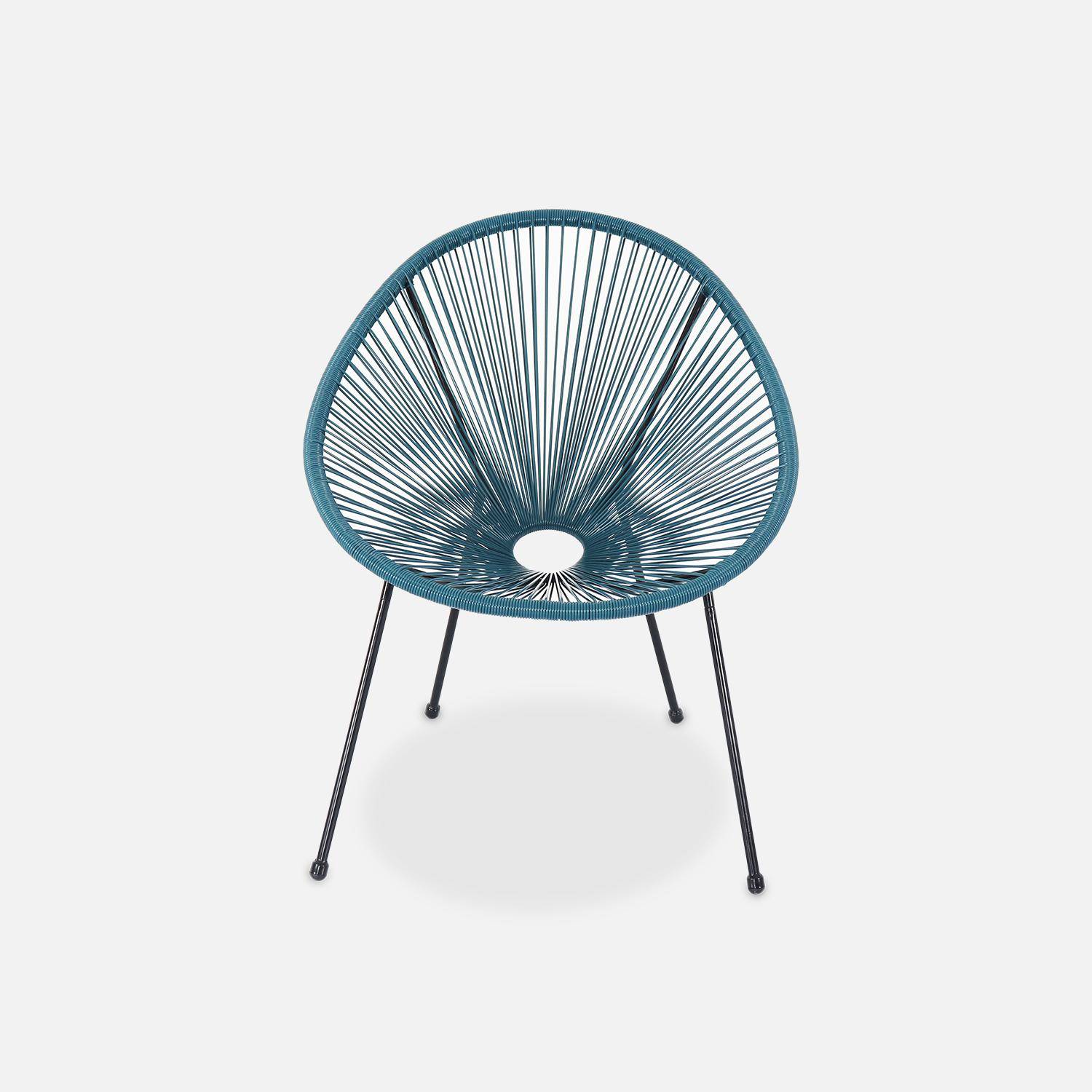 Set van 2 ei-vormige stoelen ACAPULCO met bijzettafel - Donker Turquoise- Stoelen 4 poten design retro, met lage tafel, plastic koorden Photo4