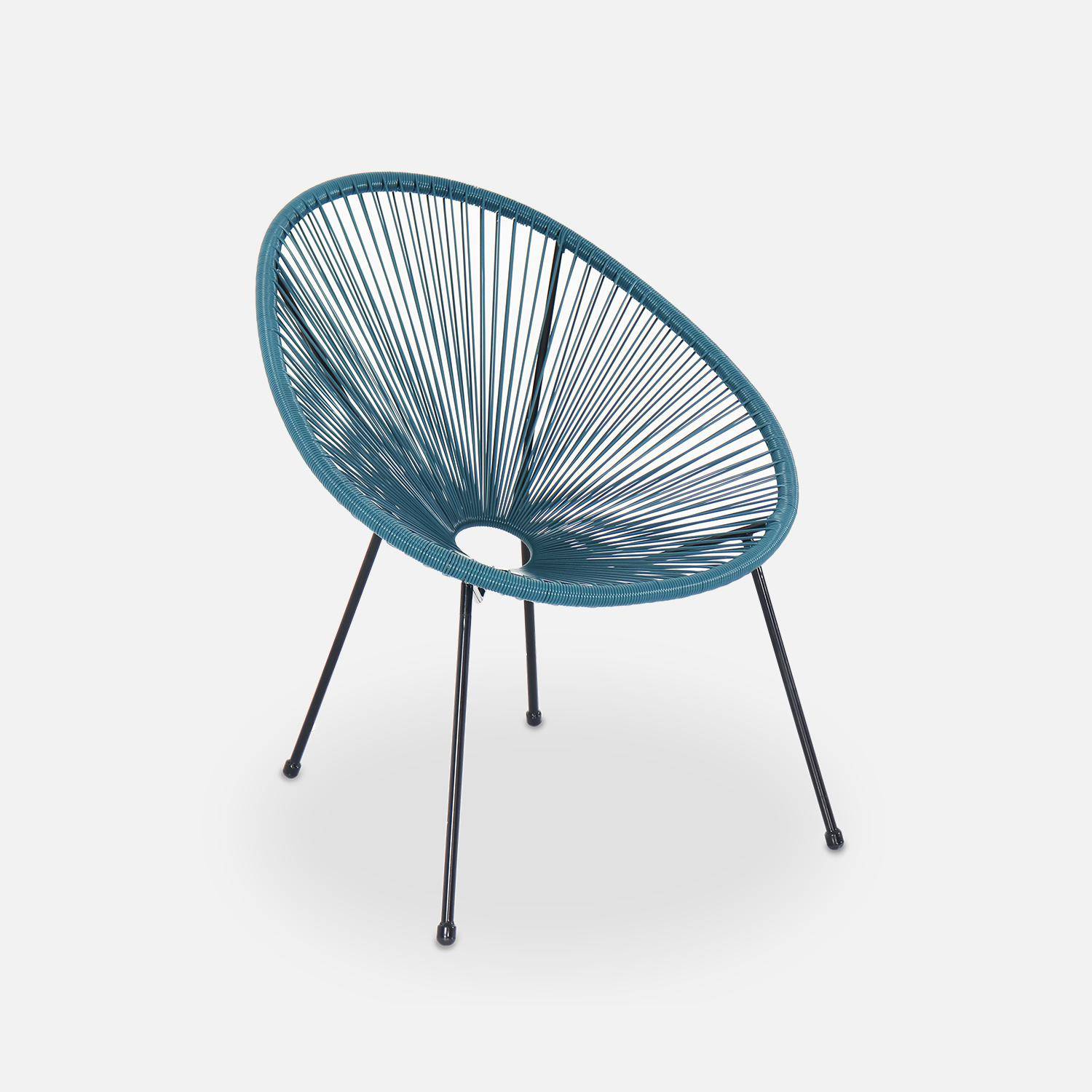 Lot de 2 fauteuils ACAPULCO forme d'oeuf avec table d'appoint - bleu canard - Fauteuils 4 pieds design rétro, avec table basse, cordage plastique Photo3