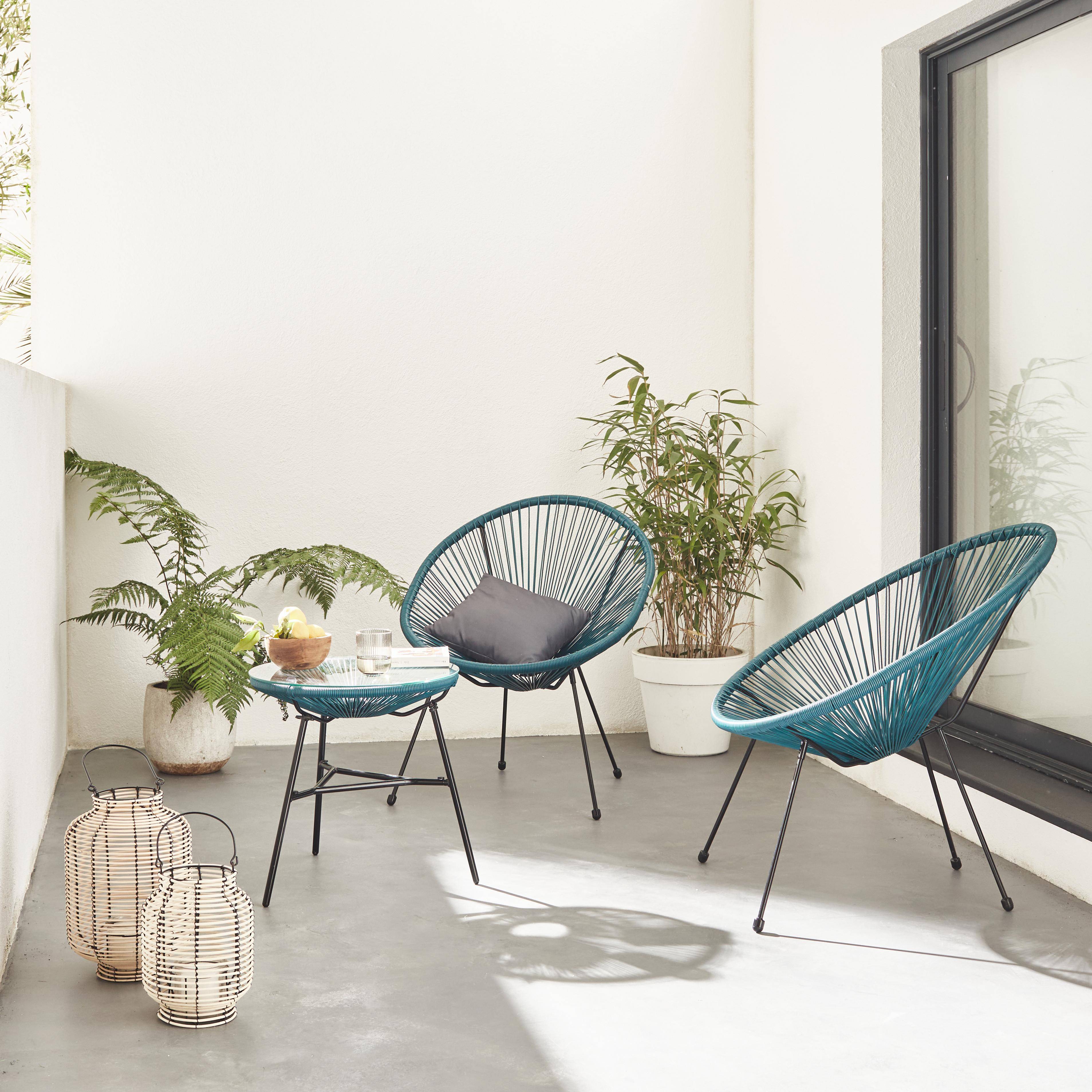 Set van 2 ei-vormige stoelen ACAPULCO met bijzettafel - Donker Turquoise- Stoelen 4 poten design retro, met lage tafel, plastic koorden Photo1
