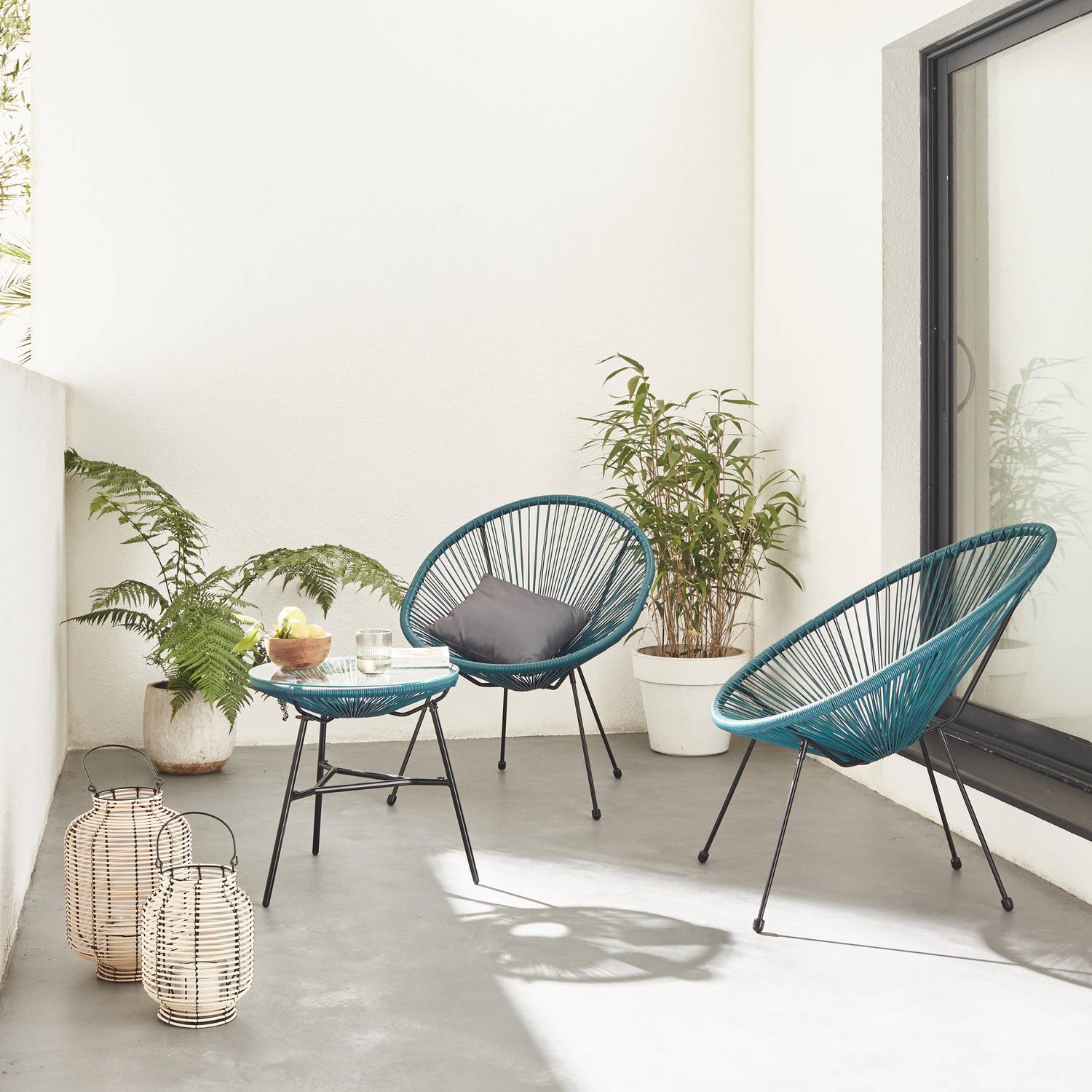 Set mit 2 eiförmigen ACAPULCO-Sesseln mit Beistelltisch - entenblau- 4-beinige Sessel im Retro-Design mit Couchtisch, Kunststoffschnur Photo1