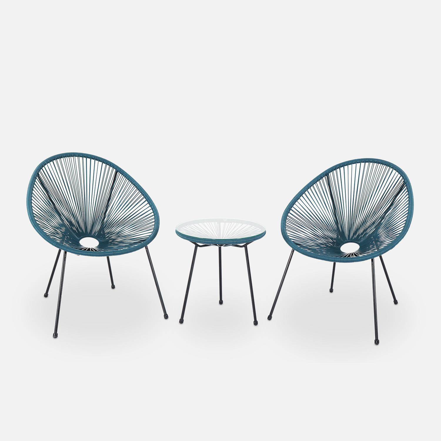 Set van 2 ei-vormige stoelen ACAPULCO met bijzettafel - Donker Turquoise- Stoelen 4 poten design retro, met lage tafel, plastic koorden Photo2