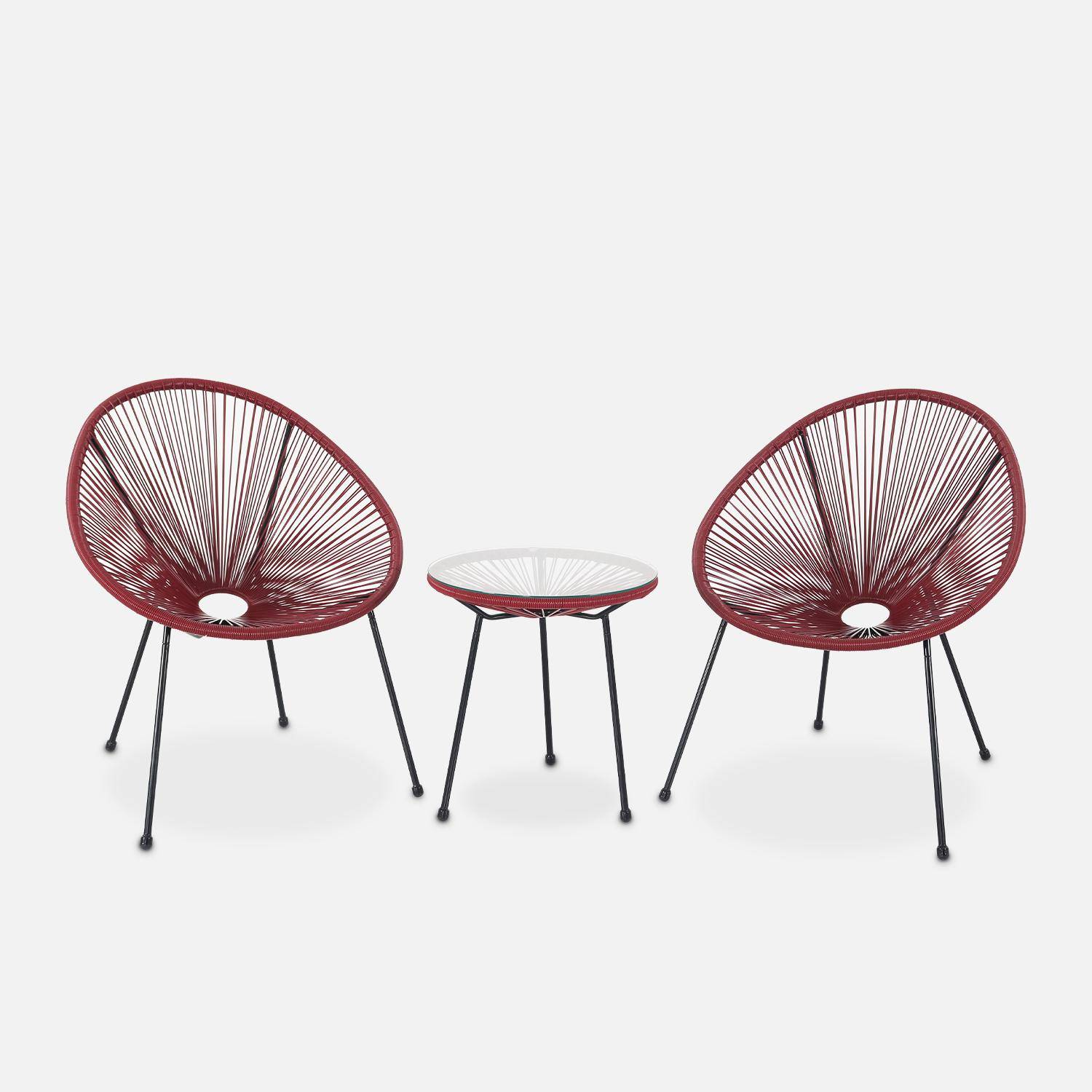 Set mit 2 eiförmigen ACAPULCO-Sesseln mit Beistelltisch - bordeaux- 4-beinige Sessel im Retro-Design mit Couchtisch, Kunststoffschnur Photo2