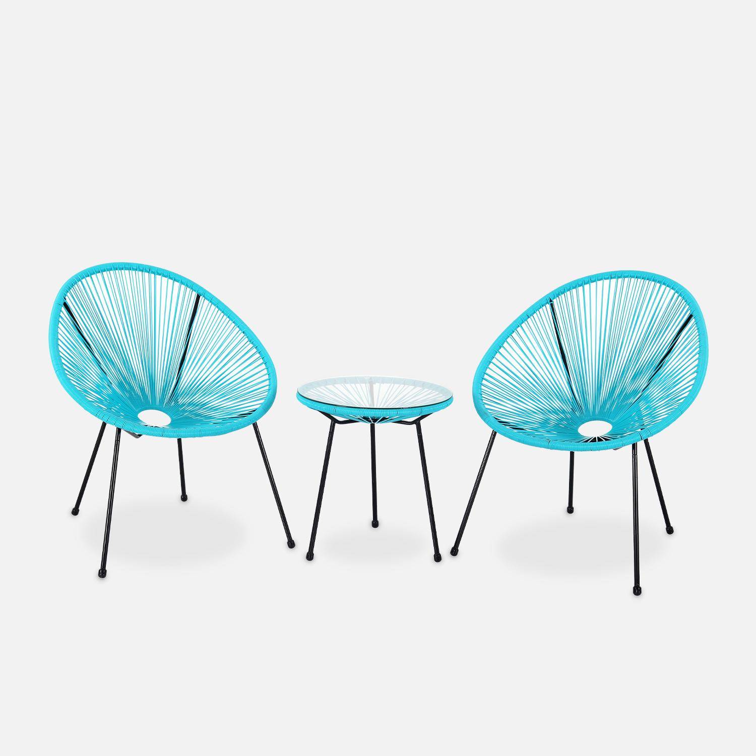 Lot de 2 fauteuils ACAPULCO forme d'oeuf avec table d'appoint - turquoise - Fauteuils 4 pieds design rétro, avec table basse, cordage plastique Photo2