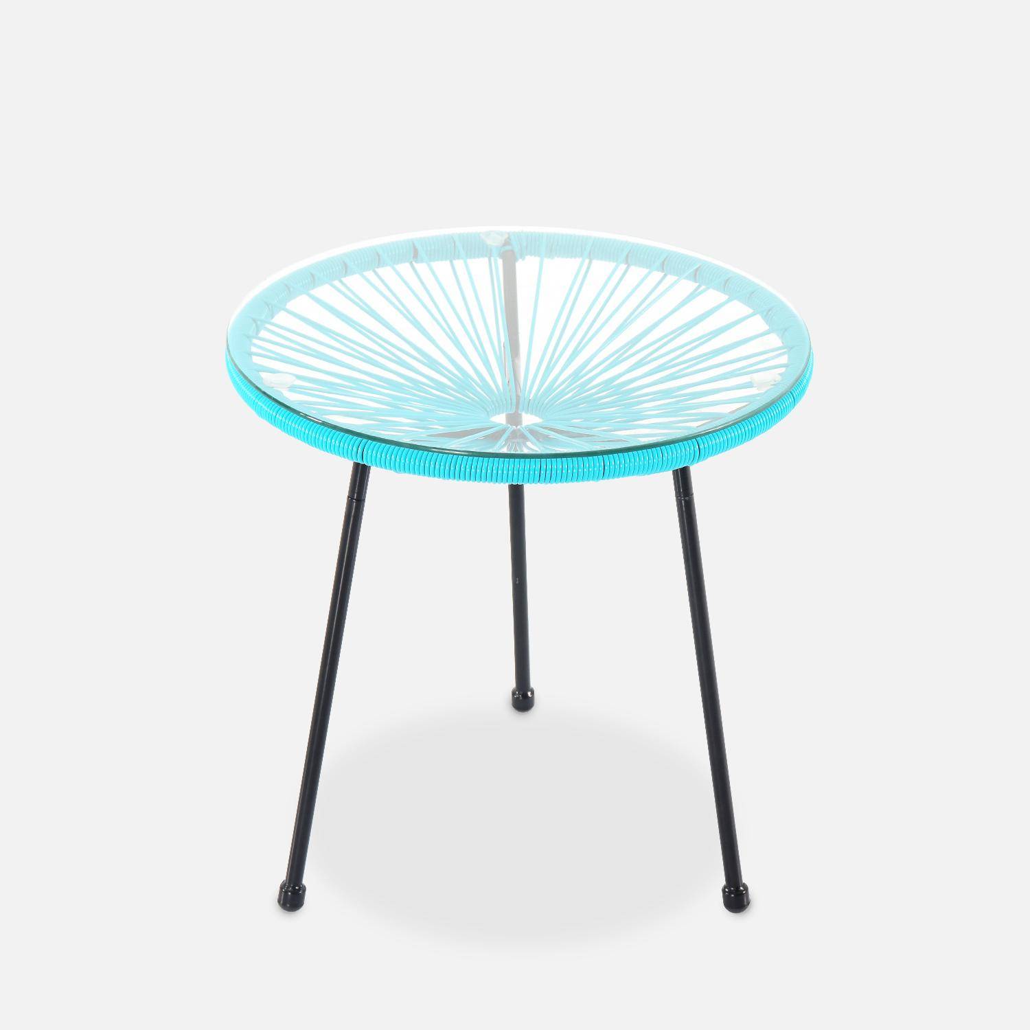 Lot de 2 fauteuils ACAPULCO forme d'oeuf avec table d'appoint - turquoise - Fauteuils 4 pieds design rétro, avec table basse, cordage plastique Photo5