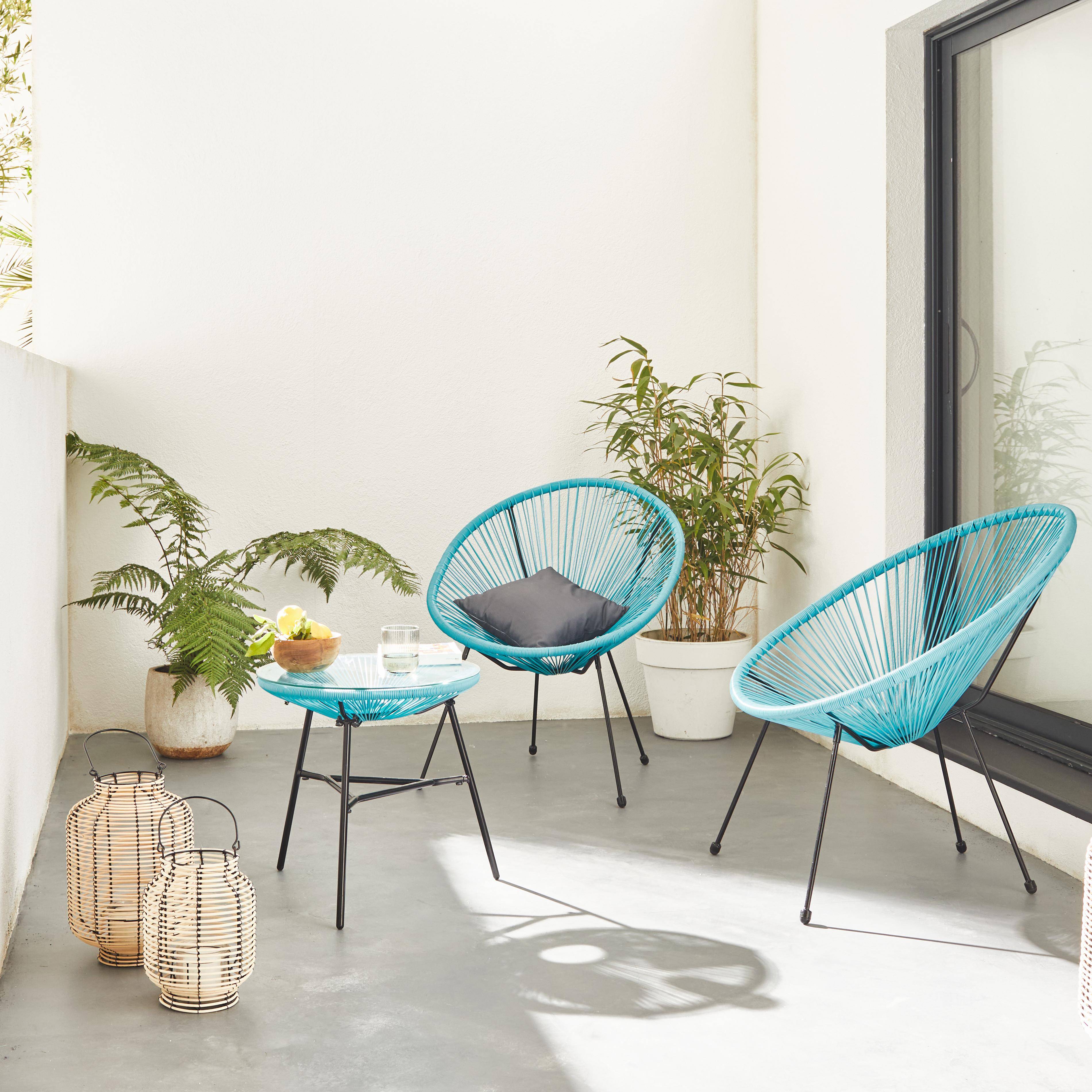 Lot de 2 fauteuils ACAPULCO forme d'oeuf avec table d'appoint - turquoise - Fauteuils 4 pieds design rétro, avec table basse, cordage plastique Photo1