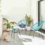 Lot de 2 fauteuils design Oeuf - Acapulco Turquoise- Fauteuils 4 pieds design rétro, cordage plastique, intérieur / extérieur Photo1